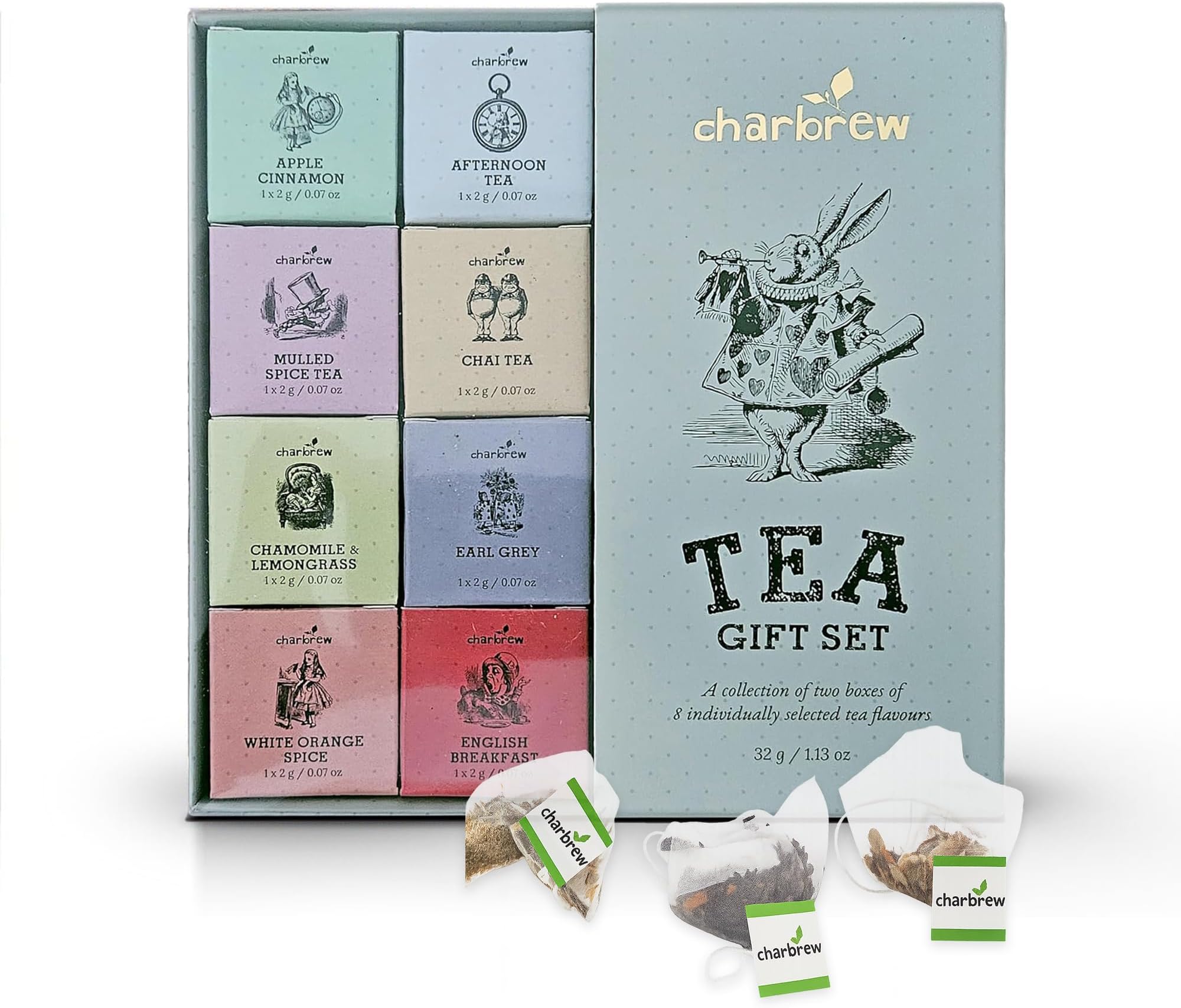 Charbrew Alice In Wonderland 16 Box Assortment Tea Gift Set - 16 Mesh Teabags 8 Mix Tea Blends Including Classic & Herbal/Fruit