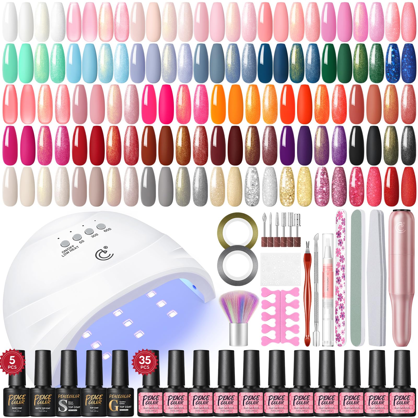 PEACECOLOR Kit Uñas Semipermanentes, 40PCS Pintauñas Semipermanentes Base Top Coat Brillante y Mate, Uñas Semipermanentes Kit Completo con Lampara Uñas y Lima Electrica Uñas, Regalos Principiantes