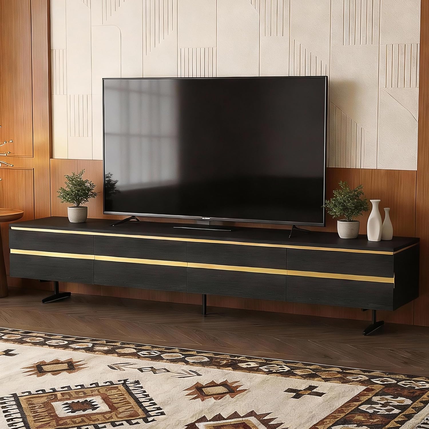 86.61" Mid-Century Modern TV Stand, Solid Wood Media Console for 80–90 Inch TVs, Storage Entertainment Center for Living Room or Bedroom, Black