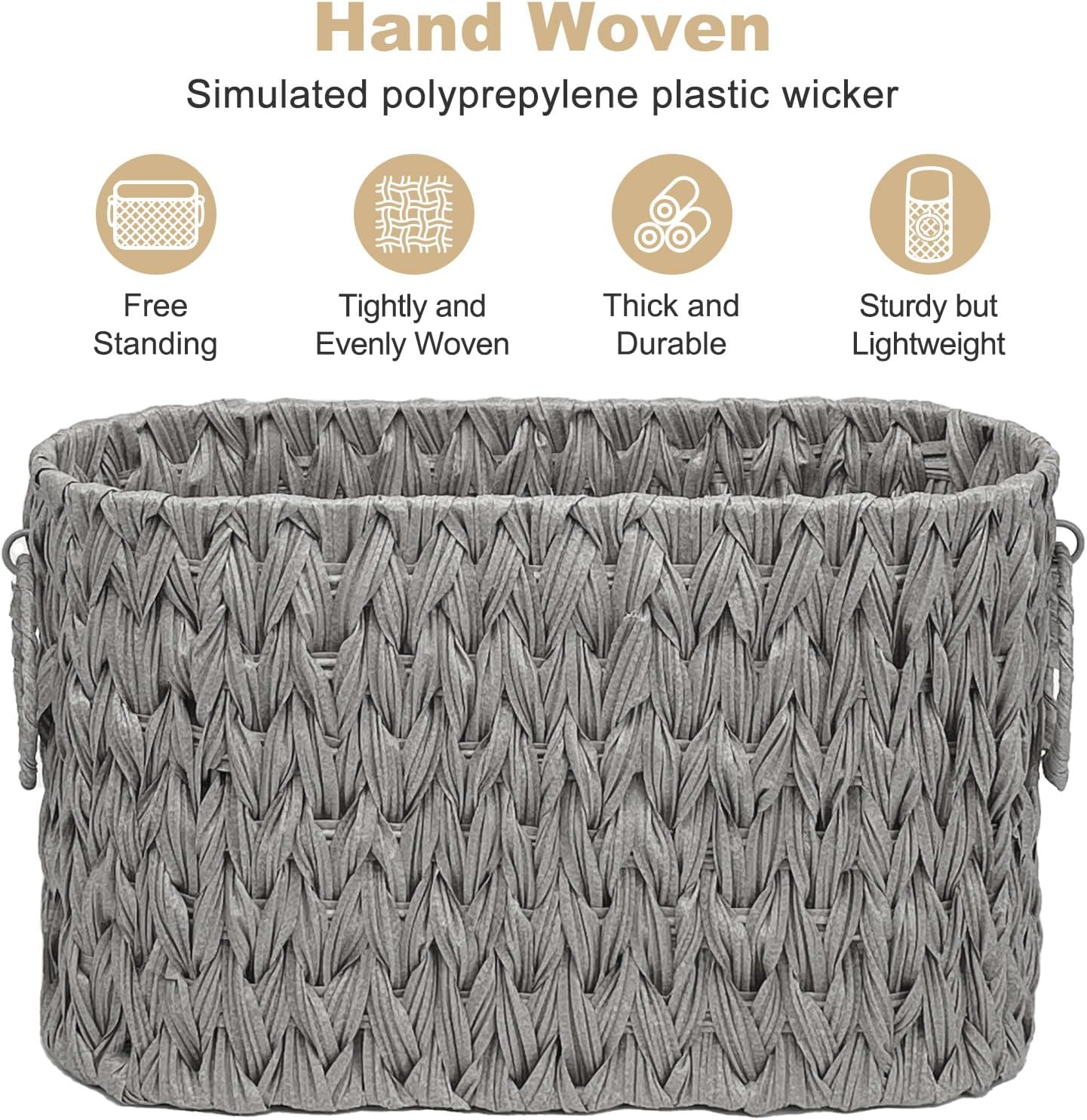 Toilet Paper Basket for Bathroom, Large Storage for 6 Mega Rolls, Free Standing Wicker-Style Toilet Paper Holder Organizer, Boho Decorative Bathroom Bin, 15.75" x 6.5" x 9.45" (Gray)