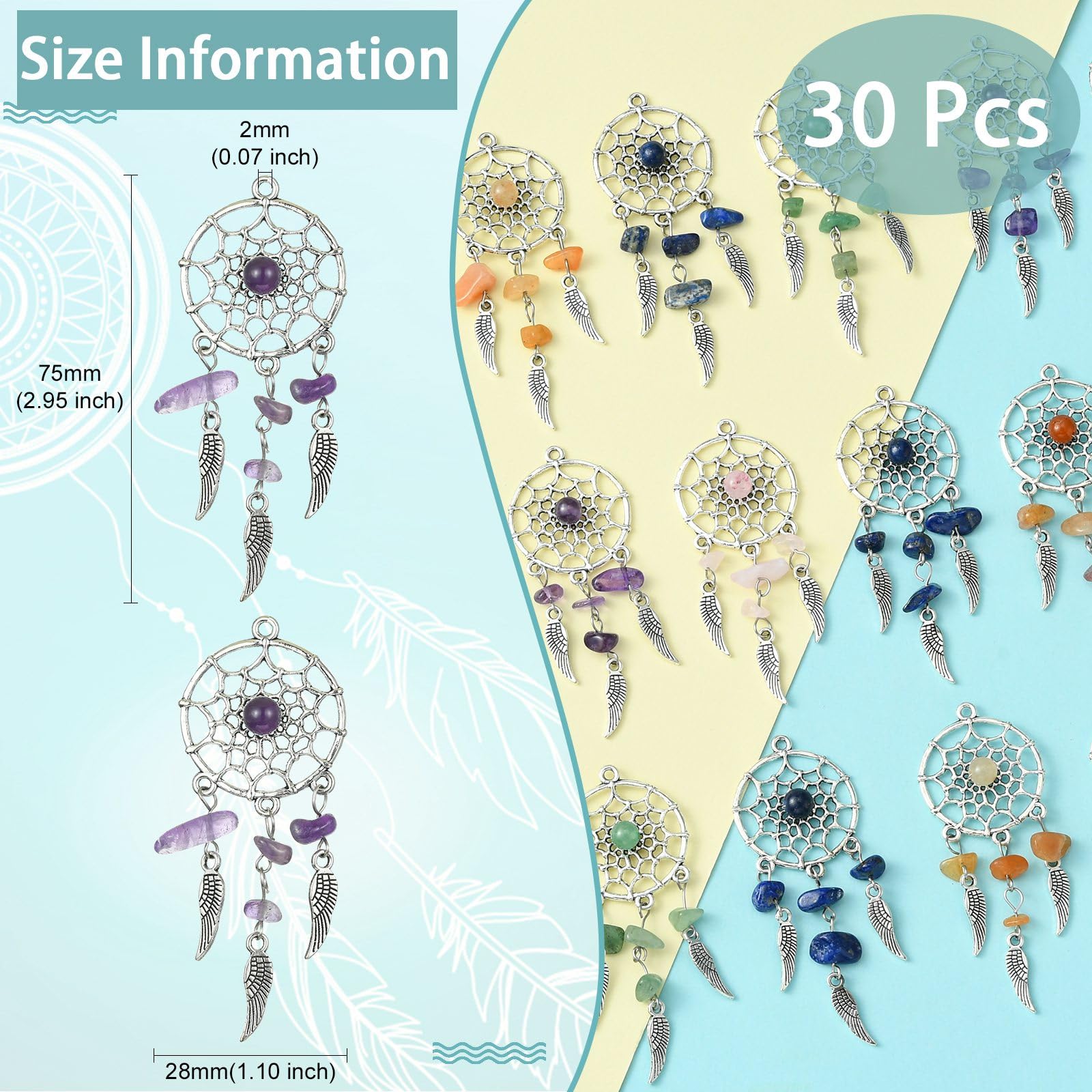 UR URLIFEHALL 30 Pcs 5 Styles Dangling Dream Catcher Charms Antique Silver Woven Net Web with Feather Charms for Keyring Jewellery Making - Image 2