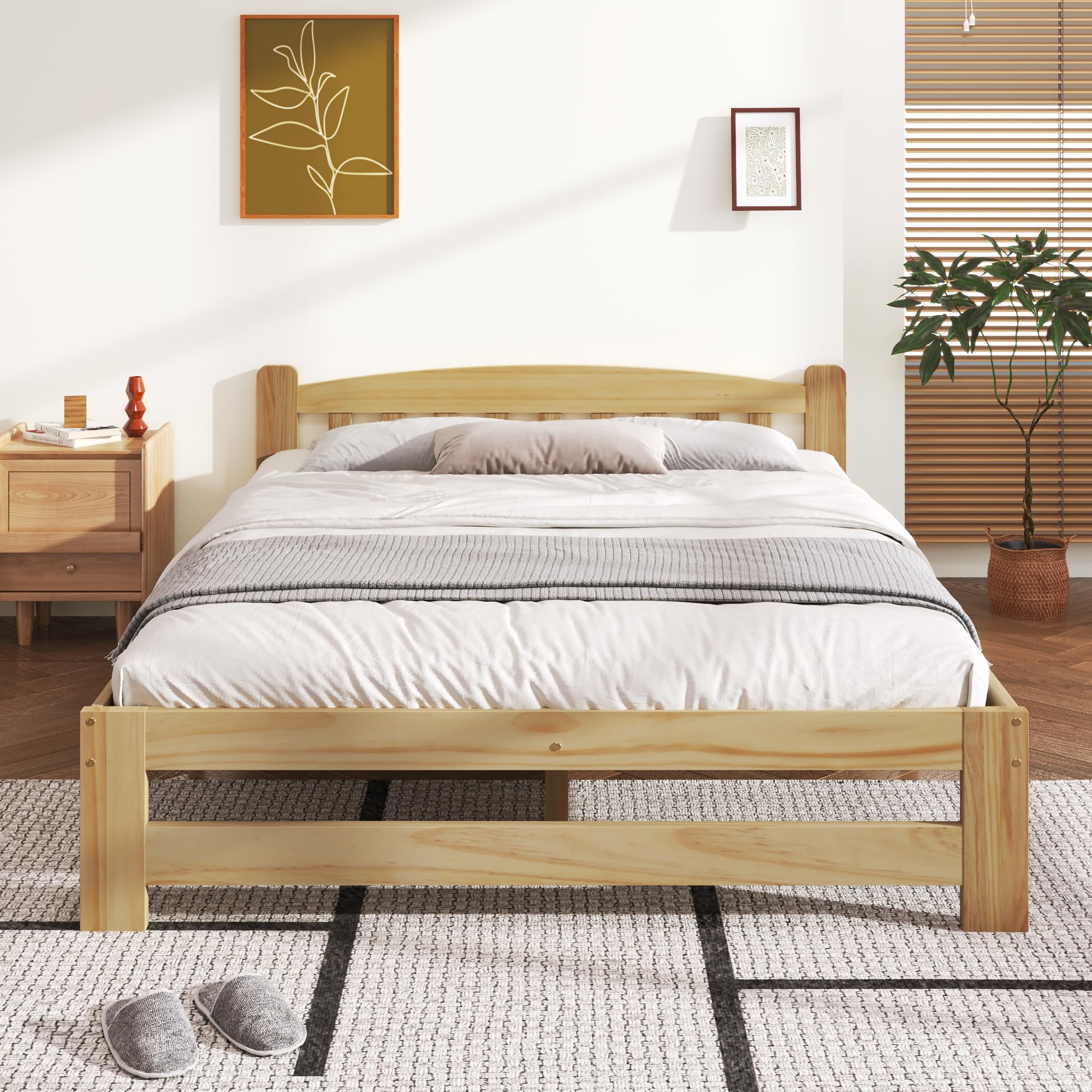 Merax Massivholzbett 140x200cm, Doppelbett aus Holz mit Kopfteil und Lattenrost, hochwertiges Bettgestell, Solide Futonbett, Jugendbett, Erwachsenenbett, ohne Matratze, Natur