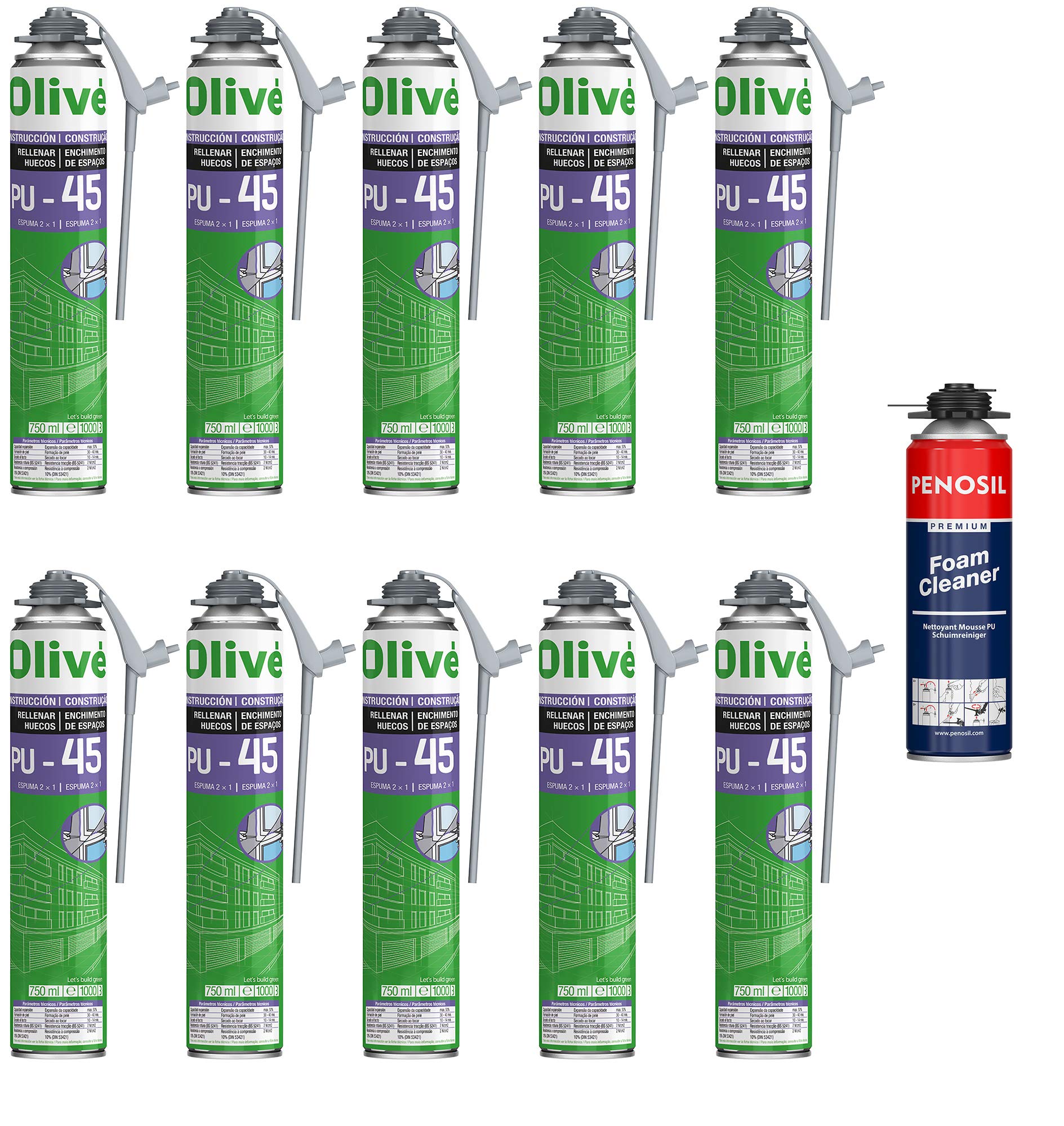 10 espumas expansivas de poliuretano PU-45 CON CÁNIULA de 750 ml + 1 limpiador – Expansión moderada – Ideal para el aislamiento de carpinterías Sugerir un cambio
