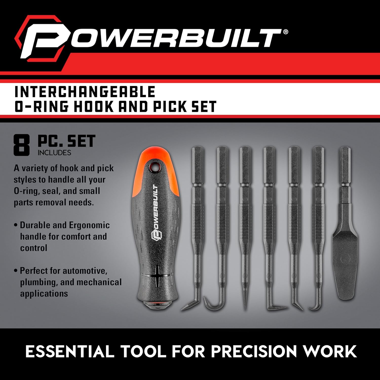 Powerbuilt O-Ring Hook and Pick Set, 7 Interchangeable Picks with Double Injection Handle, Cars, Machinery, Plumbing - 643063ECE