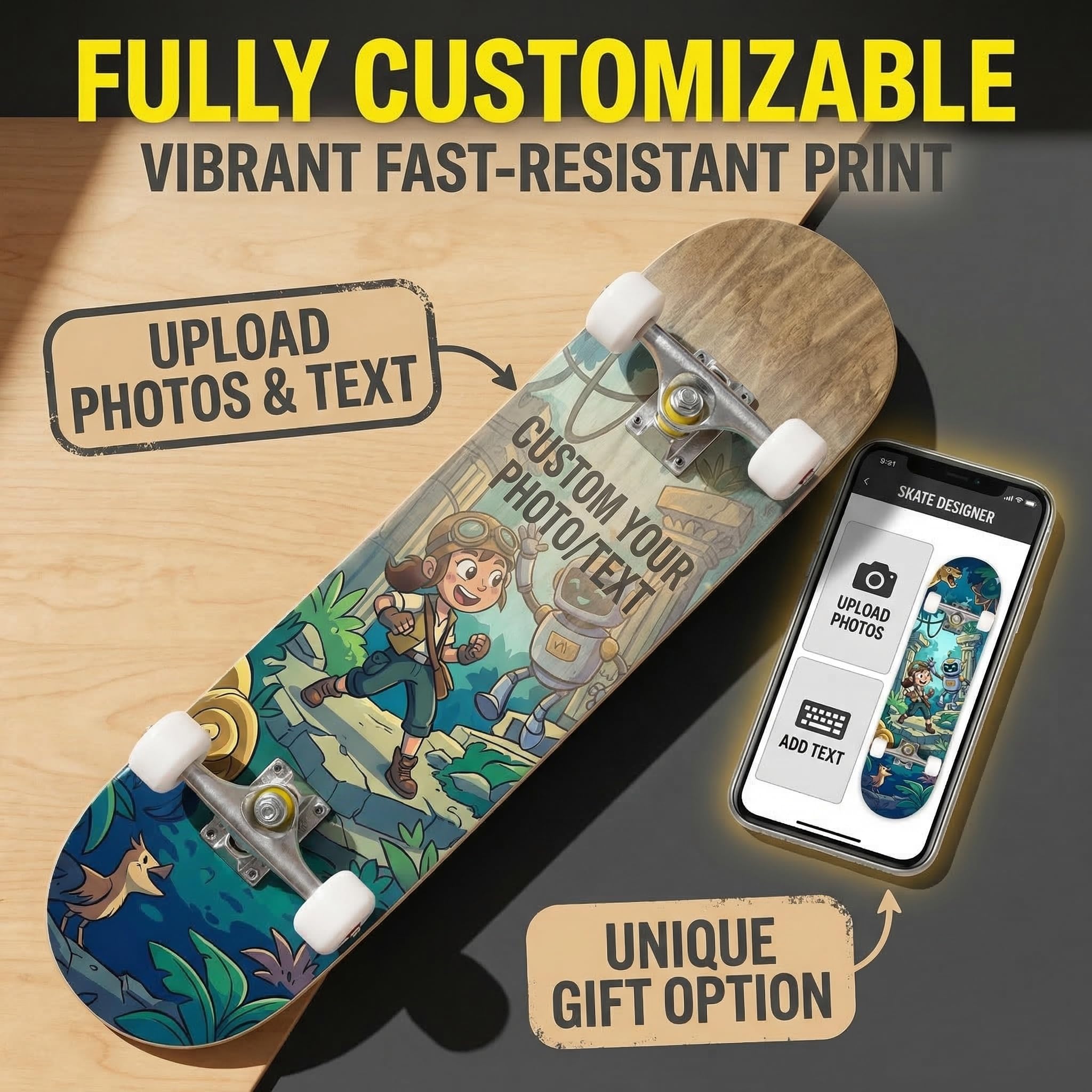 Skateboard personnalisé 78,7 x 20,3 cm Standard Concave Cruiser Trick Board Téléchargez votre design pour débutants, adolescents et adultes Cadeau personnalisé