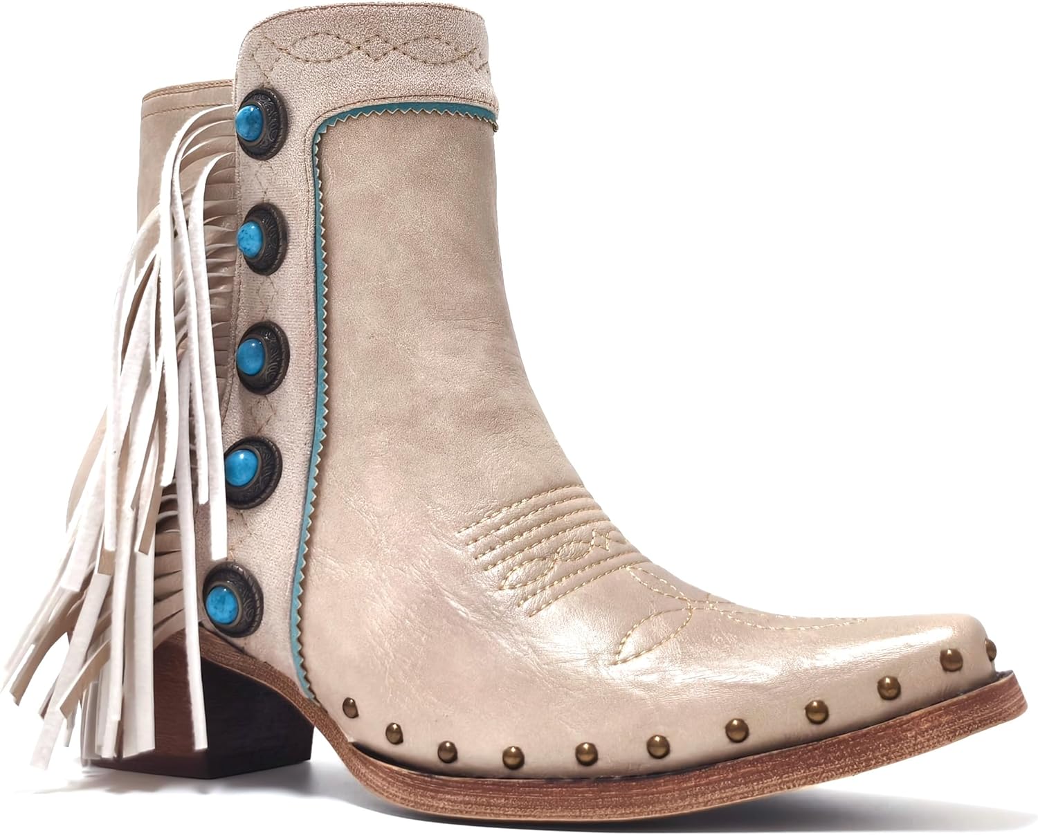 Fringe Booties Studded Women Cowboy Ankle Boots with Turquoise Stones - Image 3