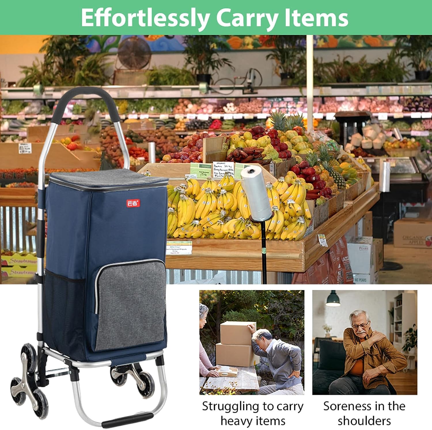 Aluminium Einkaufstrolley Treppensteiger,mit Kühlfach, 2in1 Einkaufstrolley klappbar abnehmbare Tasche 6 Rollen Treppensteiger Einkaufswagen Einkaufshilfe Trolley, Wasserdicht (Black)