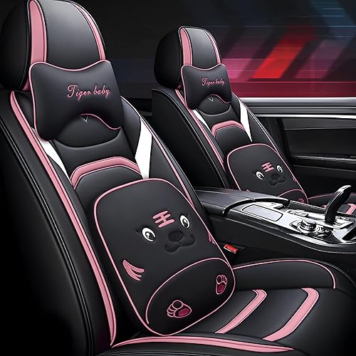 All Weather Front Car Cartoons Seat Cover for Chevy for Chevrolet Camaro 1999-2021 Leather Waterproof Protection Covers Non-Slip Cushions Compatible with Airbag Black Pink