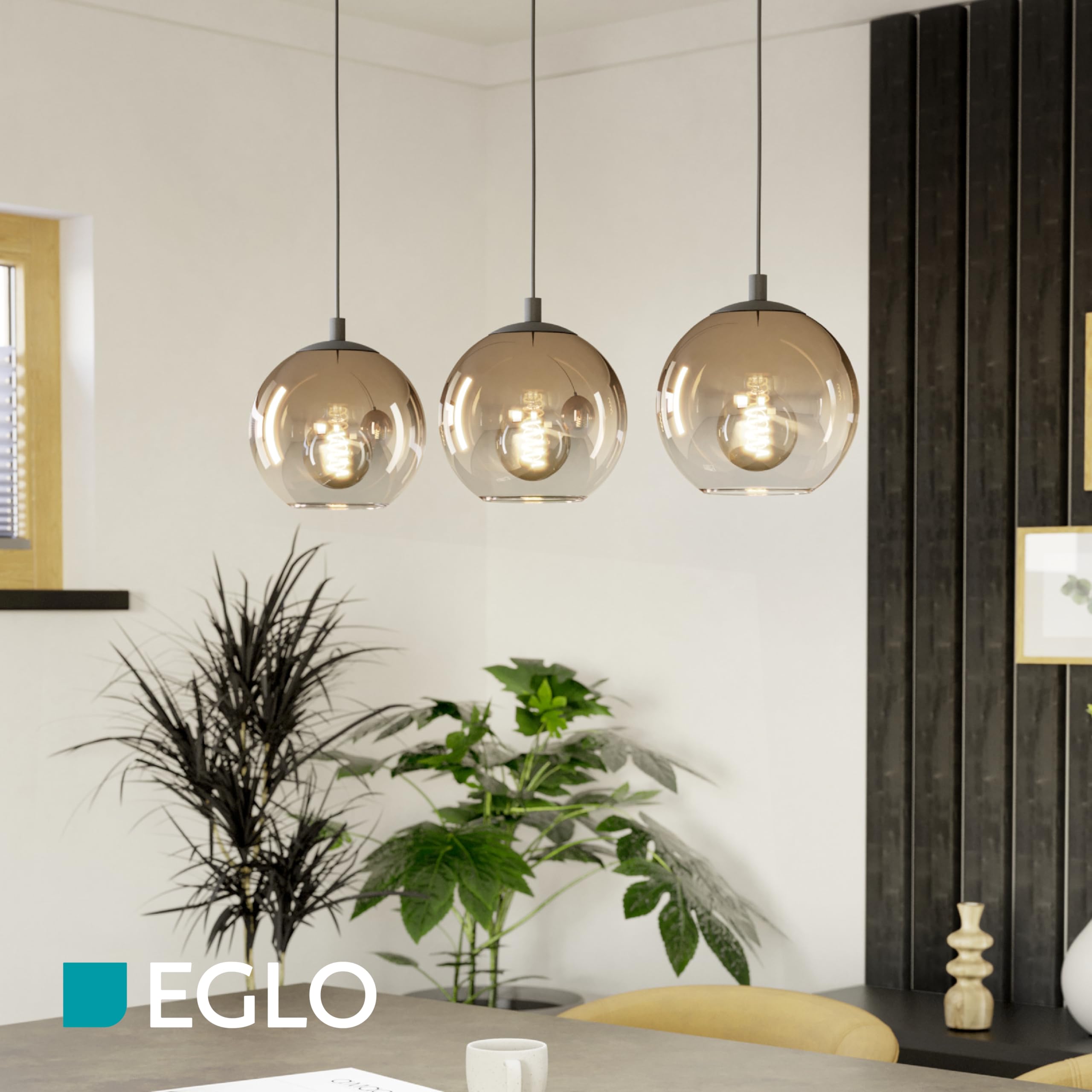 Eglo Lampada a sospensione Ariscani 1, a 3 luci, lampadario per tavolo da pranzo, in metallo nero e vetro color rame, attacco E27, Ø 76,5 cm
