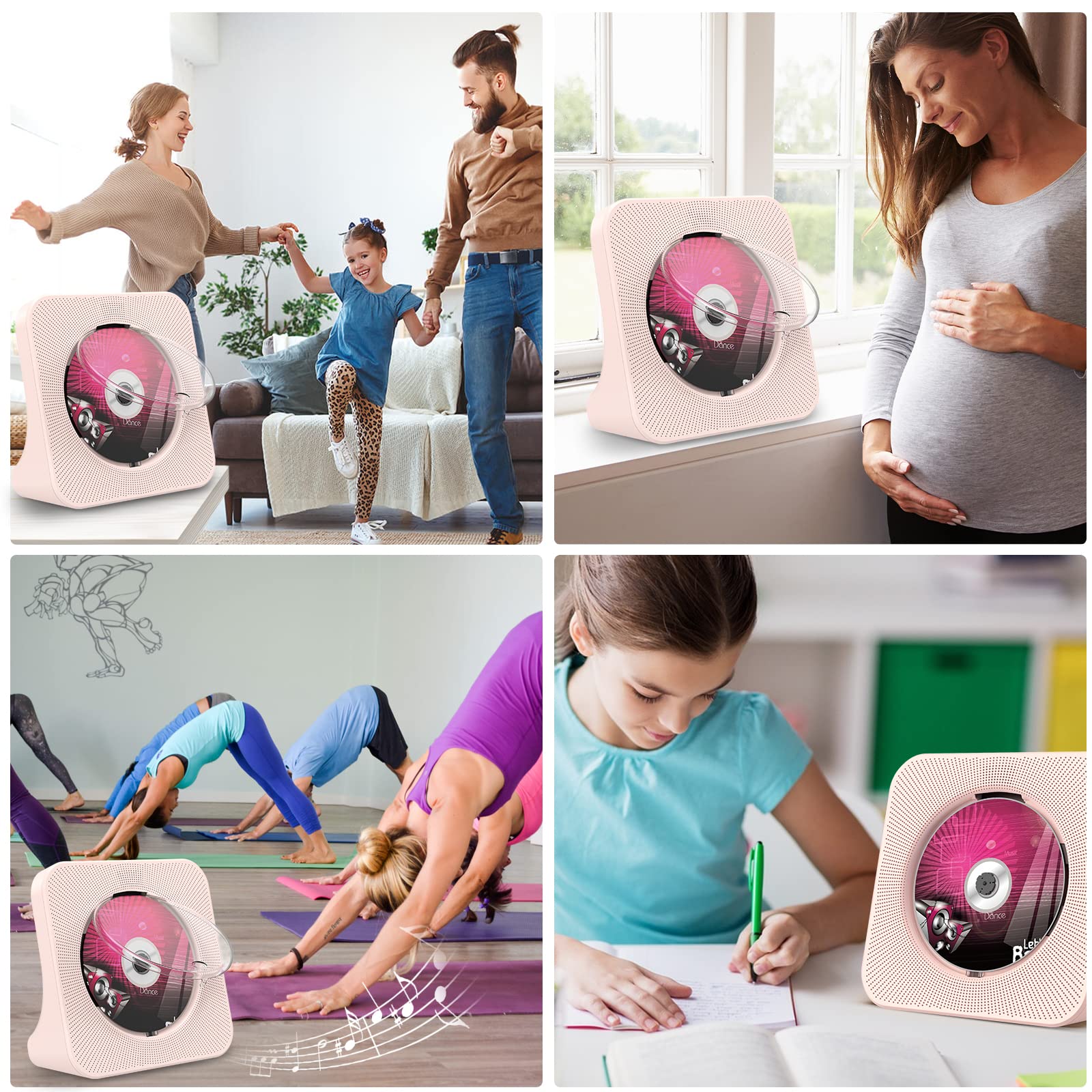 Lettore CD da tavolo con altoparlanti e Bluetooth 5.0 Rosa | Lettori CD con Telecomando Copertura antipolvere Display Radio FM Timer Riproduzione per USB e AUX