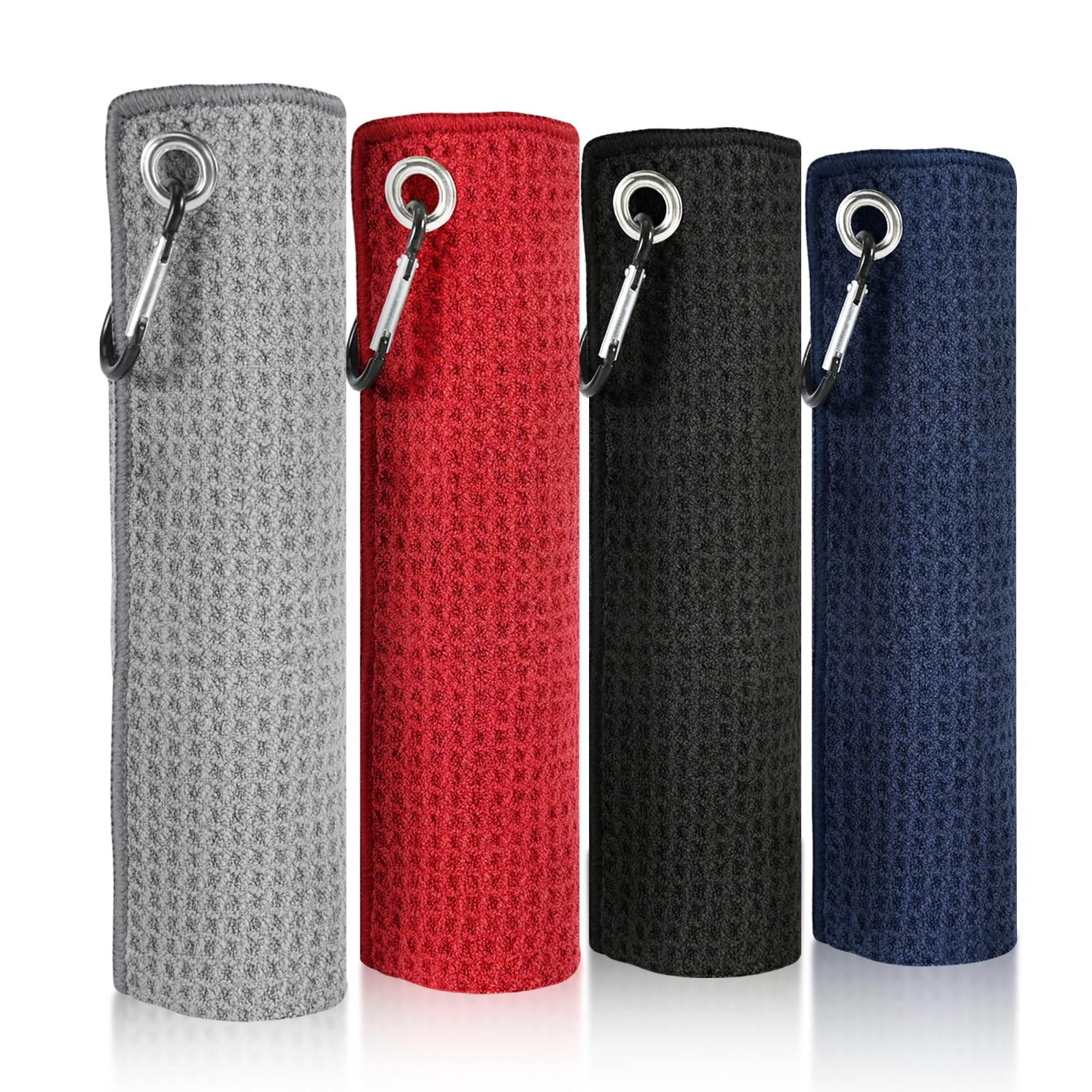 Golf Towels 4 PCS ,Golf Accessories 30x30cm Microfiber Towel Set with Carabiner Clip for Hanging on Golf Club Bag,Golf Gifts for Men, Women, Husband, Boyfriend, Dad, Golfers, Black/Grey/Red/Navy
