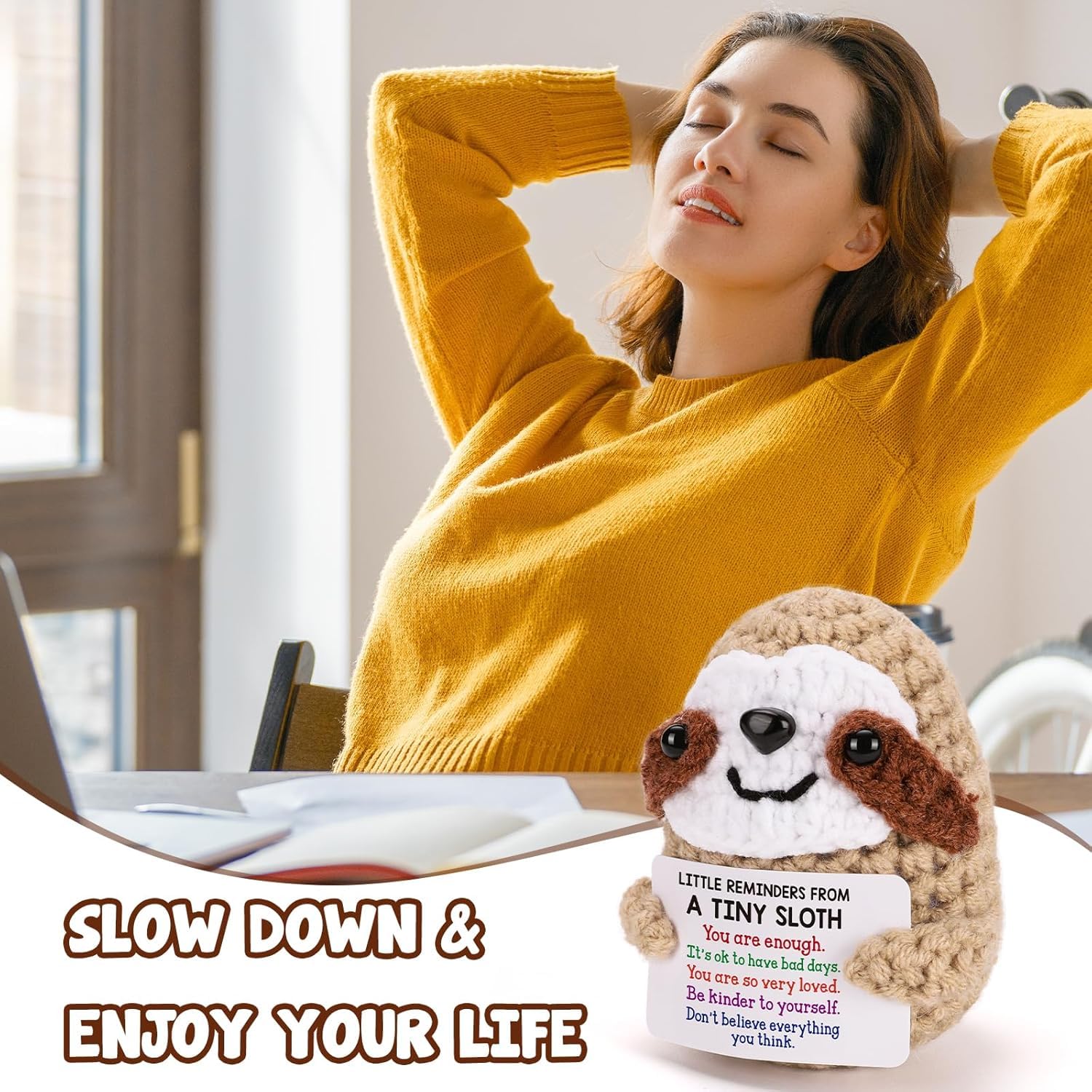 VELENTI Crochet Sloth Gift, “Little Reminders from a Tiny Sloth”, Cute Handmade Plush with Kind Words - Image 3