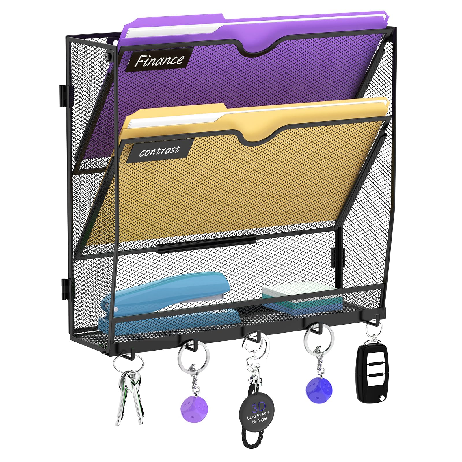 RITOLLO 3 Tier Hanging Wall File Organizer, Mail Organizer Wall Mounted with Hooks, Hanging Paper Folder Holder for Office Home (3 Tier)