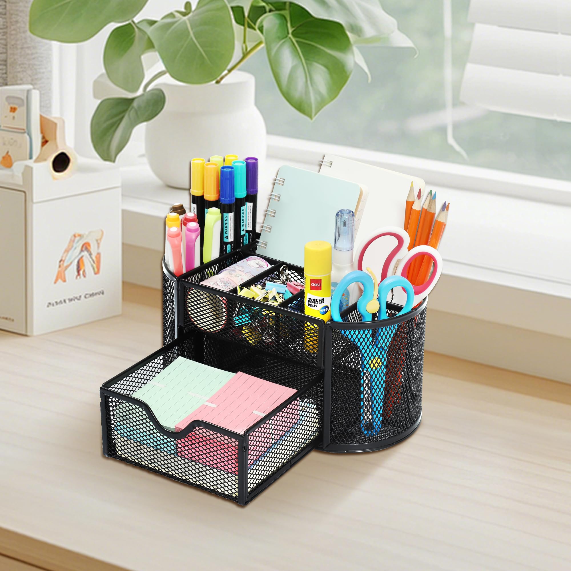 Chumix Organizer Scrivania, Porta Penne per Scrivania, Portapenne da Scrivania in Rete Metallica, Desk Organizer con Cassetto e Porta Penne, per Casa, Scuola, Uffici (Nero)