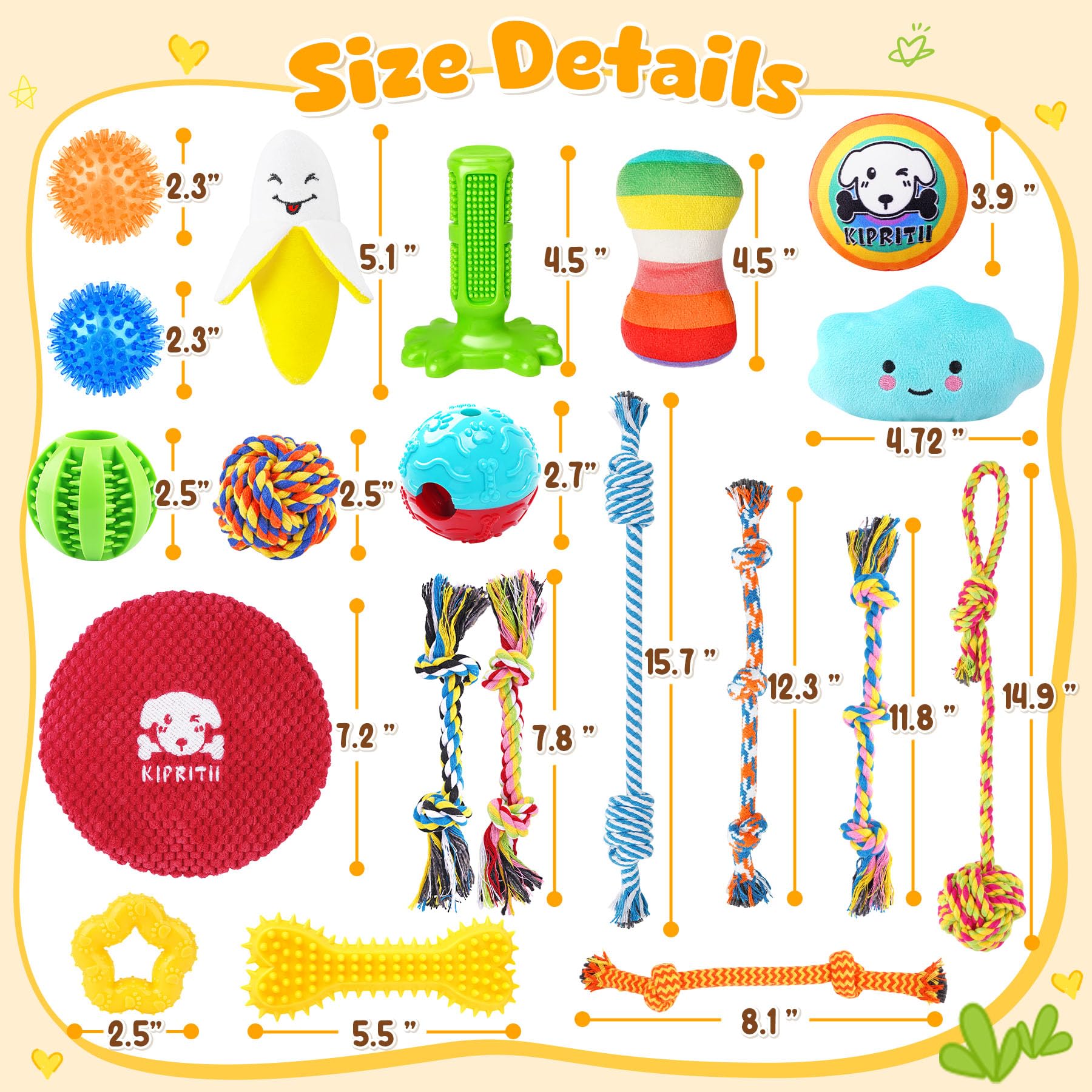KIPRITII 25 Pack Verschiedene Hundespielzeuge Set - Ideal für Zahnen, Unterhaltung & interaktives Spielen, enthält Welpenspielzeug, Seilspielzeug, Leckerlibälle und quietschendes Hundespielzeug