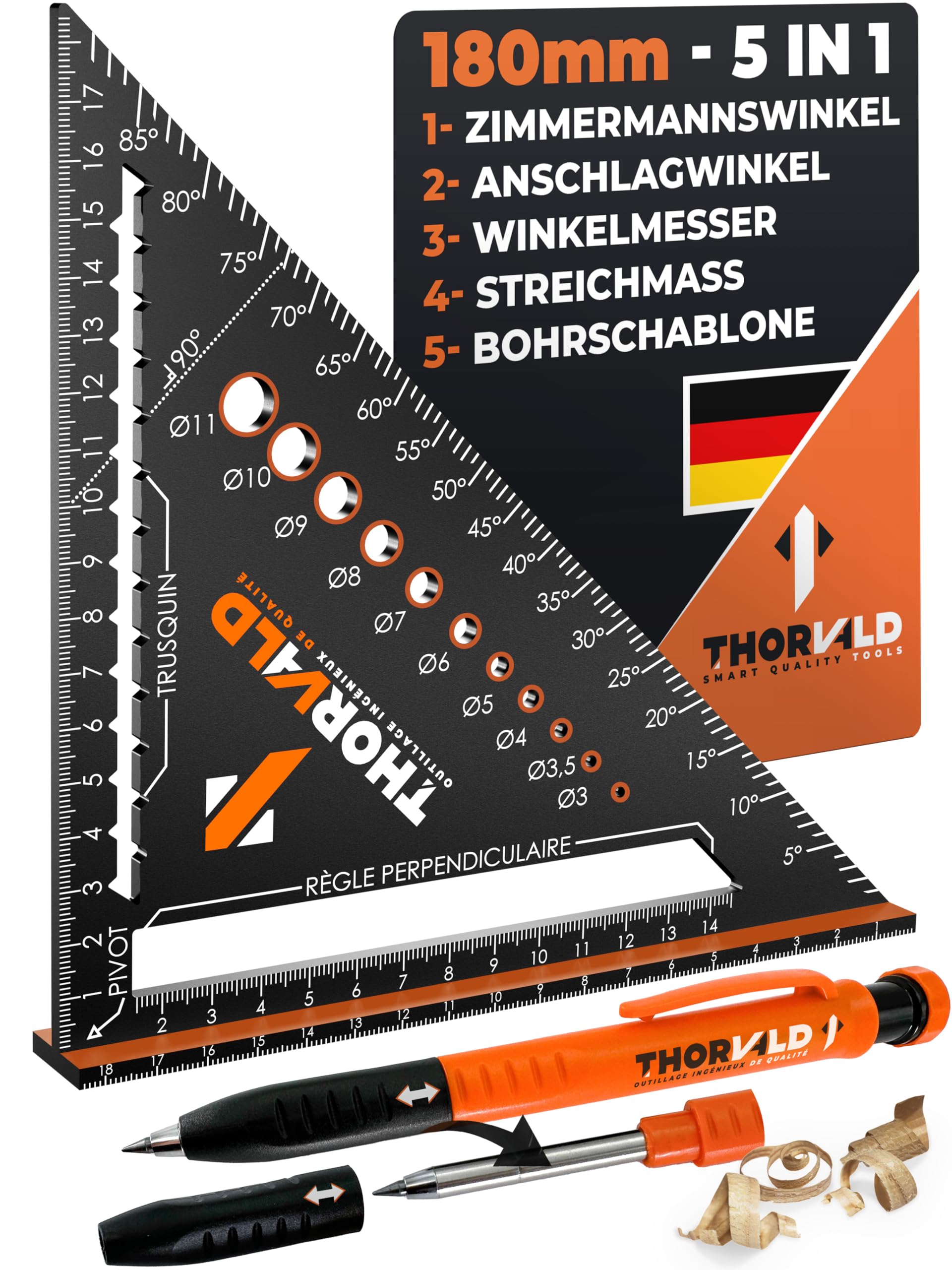THORVALD Zimmermannswinkel 5-in-1 - Winkelmesser Anschlagwinkel + Tieflochmarker - Aluminiumwinkel mit 180 mm Schenkellänge zum präzisen Anreißen & Zeichnen/Multifunktional Perfekt um Zeit zu sparen