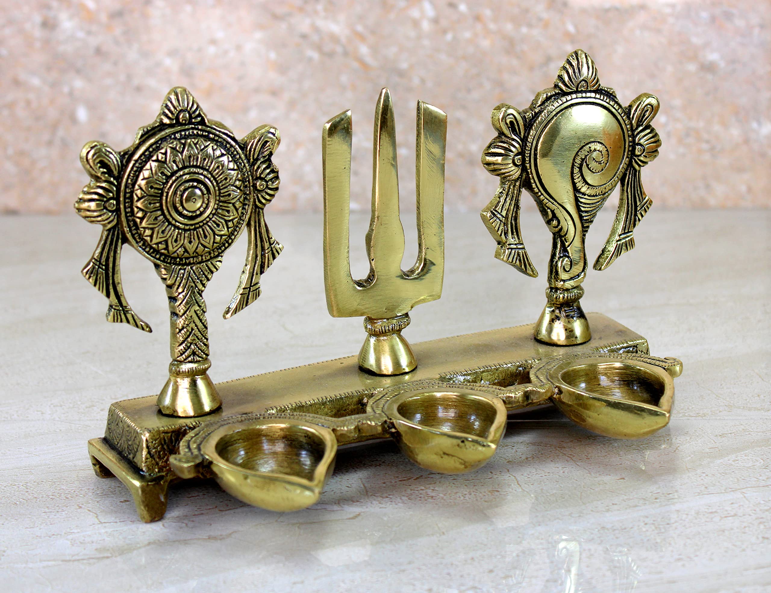 eSplanade Brass Shankh Chakra Namah Diya Showpiece | Shankha Chakra Tilak | Shankha Gada Padma | Padmanabha Swami | Vishnu | Home Decor - 8.8" Inches - Image 3 thumbnail