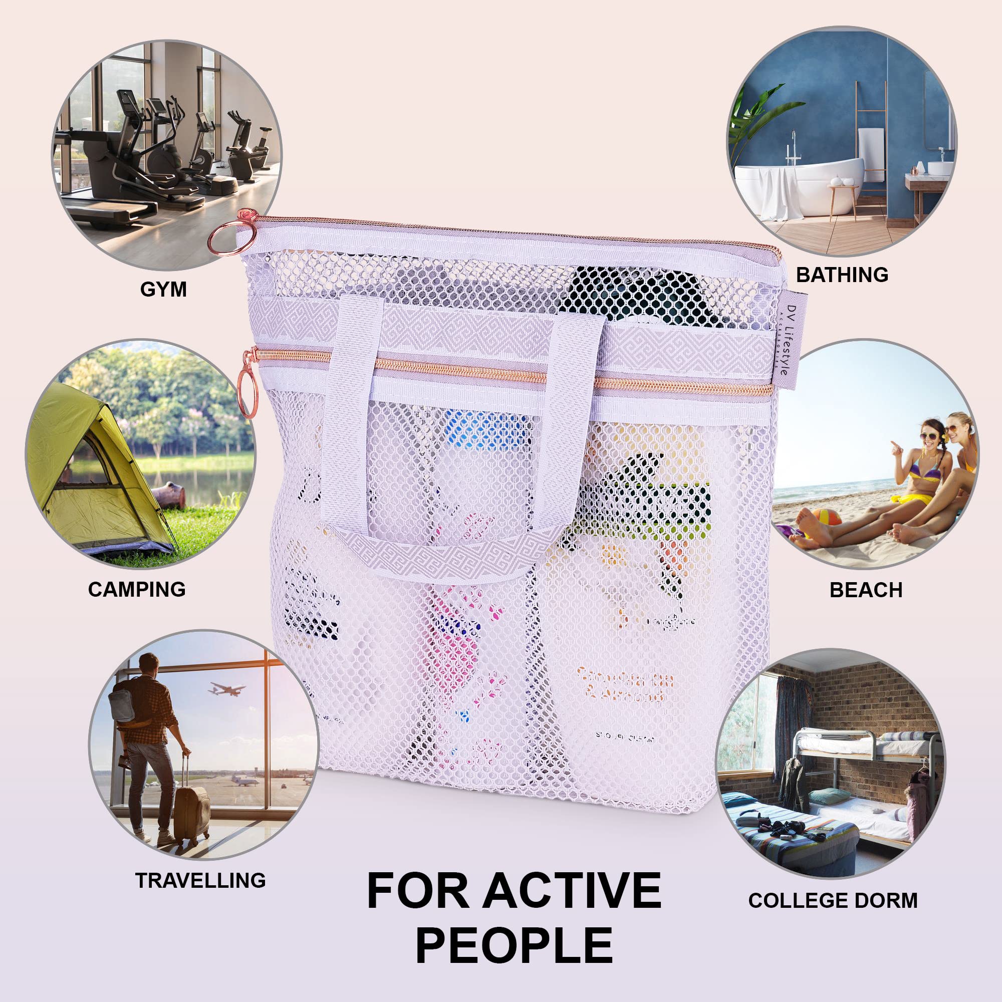 Borsa Doccia In Rete Giantree Ad Asciugatura Rapida - Tote Rosa 24x26 Cm, Con Cerniera E Tasche, Per Palestra, Spiaggia, Viaggio - 4