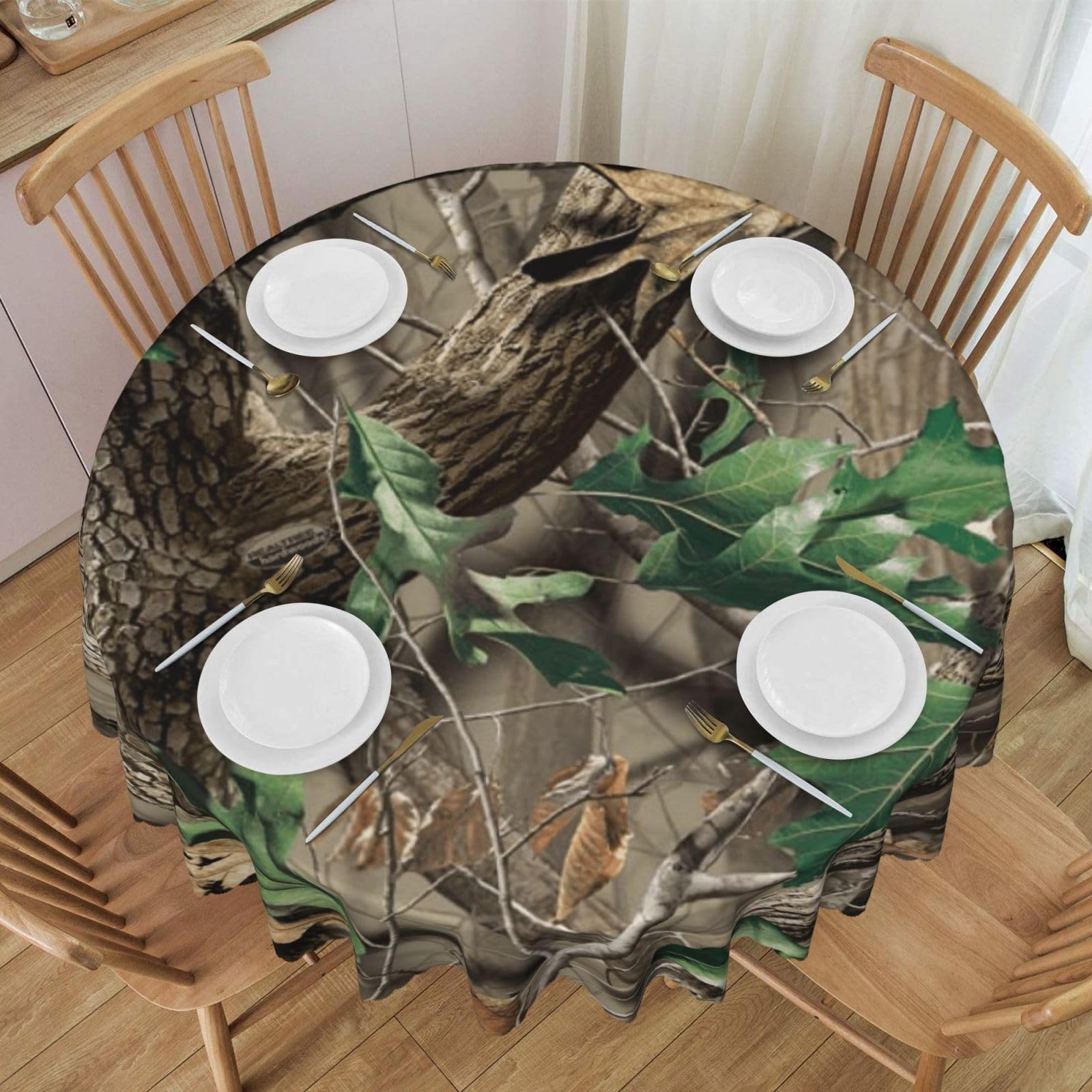 DCEHGEW 60 In Round Tablecloth with Lace, Hardwoods Green Camouflage Printed Oilproof & Washable Fabric Picnic Table Cloth Table Covers