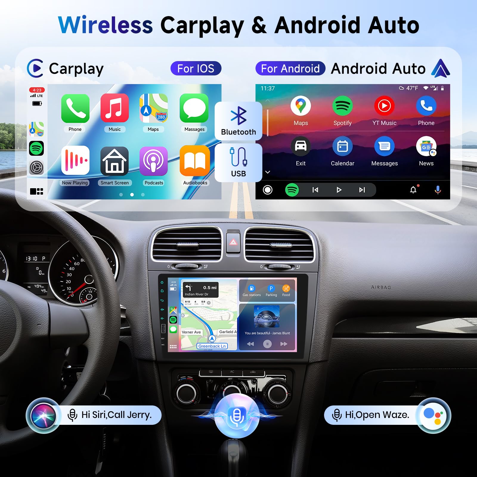 VECHTEL Autoradio 1 Din avec Carplay Android Auto sans Fil, 9 Pouces IPS HD Écran Tactile Poste Radio Voiture Soutien Bluetooth Radio AM/FM/RDS EQ USB Mirror Link SWC MIC Caméra de Recul