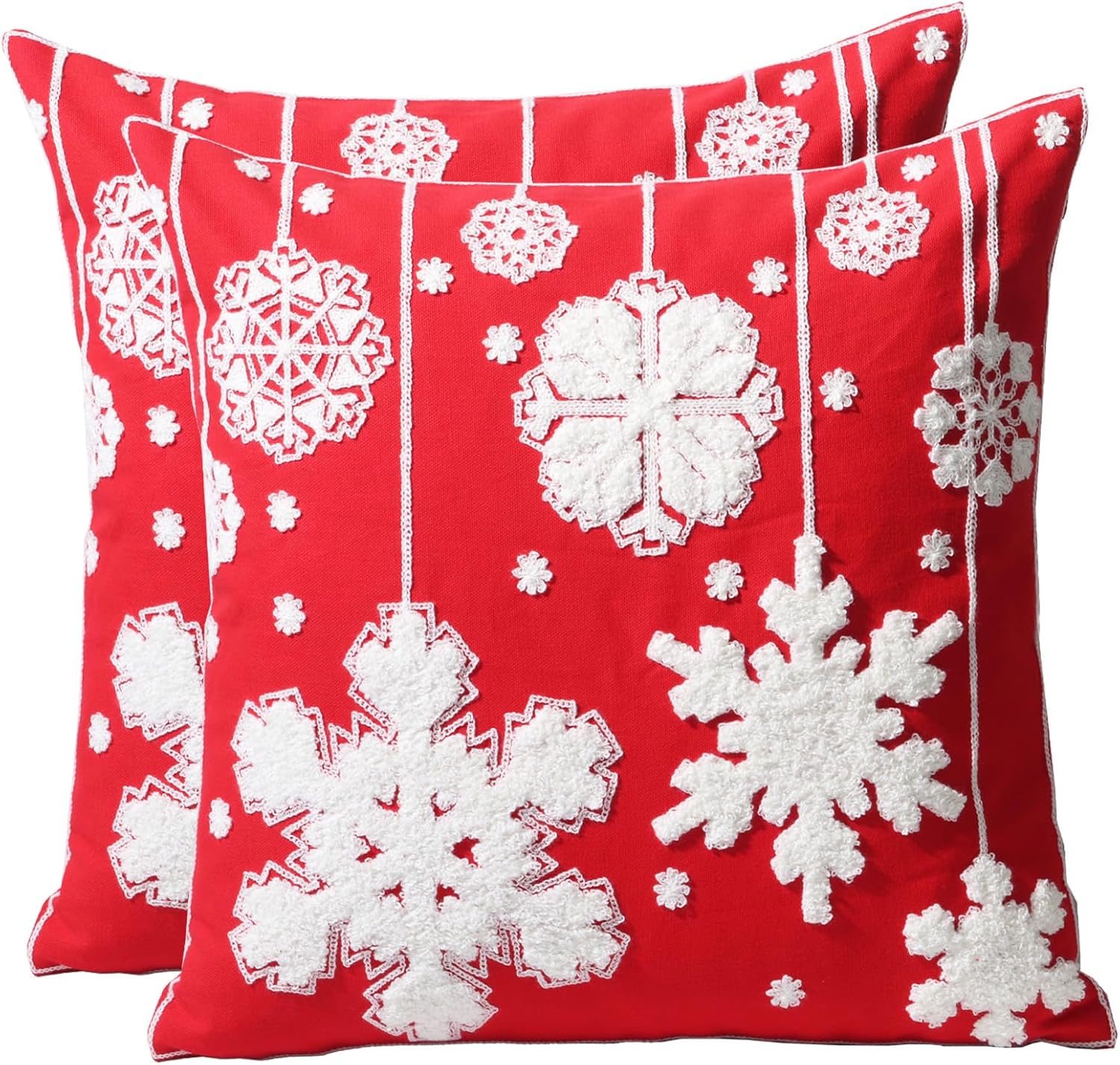 Cotton Embroidery Decorative Snowflakes Pillow Cover Red Cushion Cover Christmas Holiday Throw Pillow Cover 18x18 Inch (Snowflakes)
