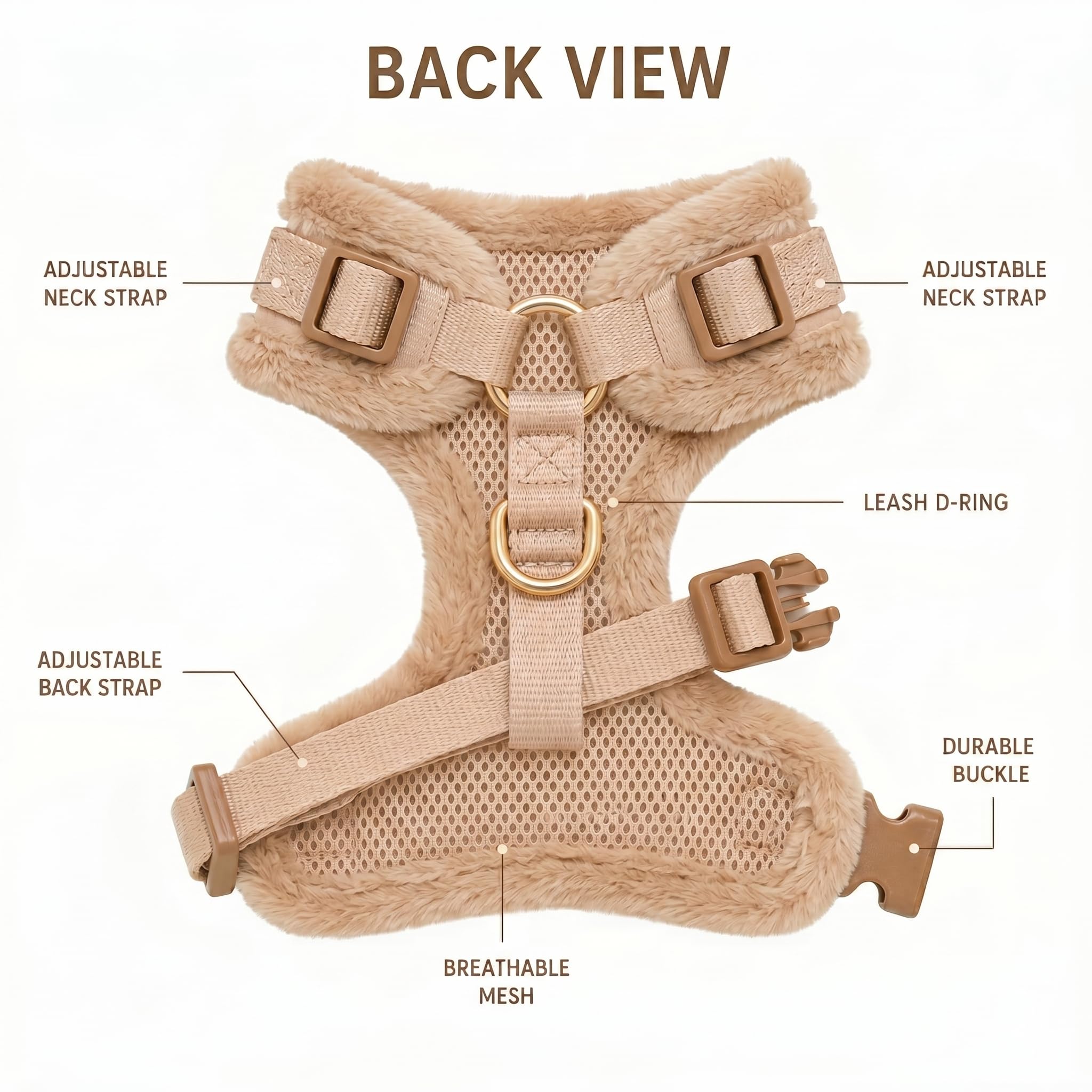 Harnais anti-traction pour chien en néoprène marron ivoire taupe design en cuir serpent réglable sport petit, moyen et grand animaux de compagnie respirant léger (bordure en fourrure beige, L : cou =
