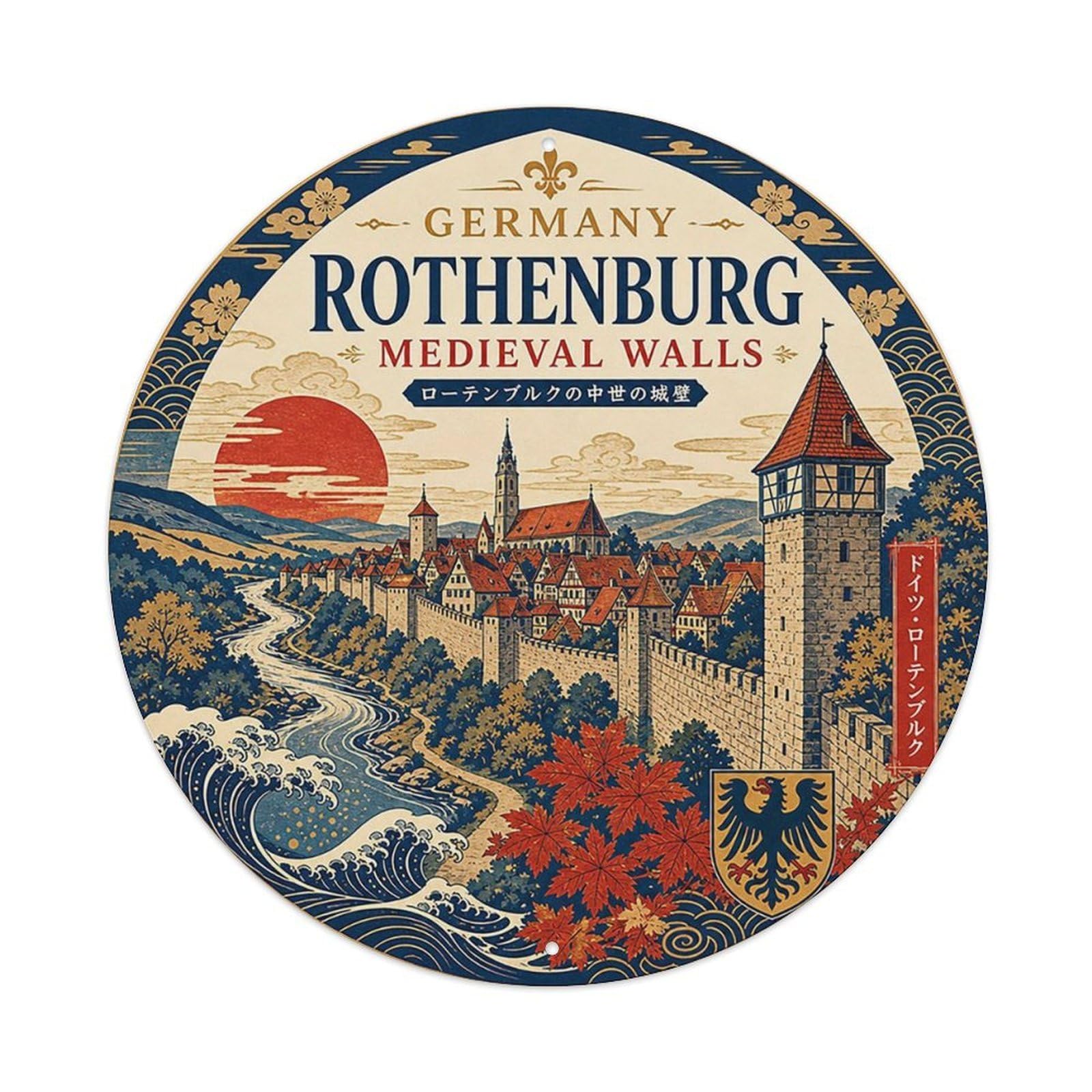 Rothenburg Medieval German Woodblock City Landmark Metal Tin Sign