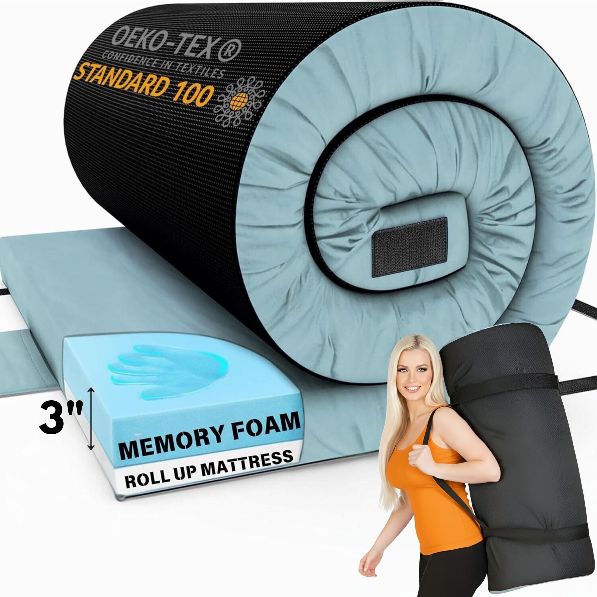Hazli Matrix Comfort-Cell Memory Foam Camping Mattress Pad - Portable Foam Sleeping Pad for Camping - Roll up Sleeping Mat for Adults - Floor Mattress Guest Floor Bed for Sleepover, Car SUV Cot