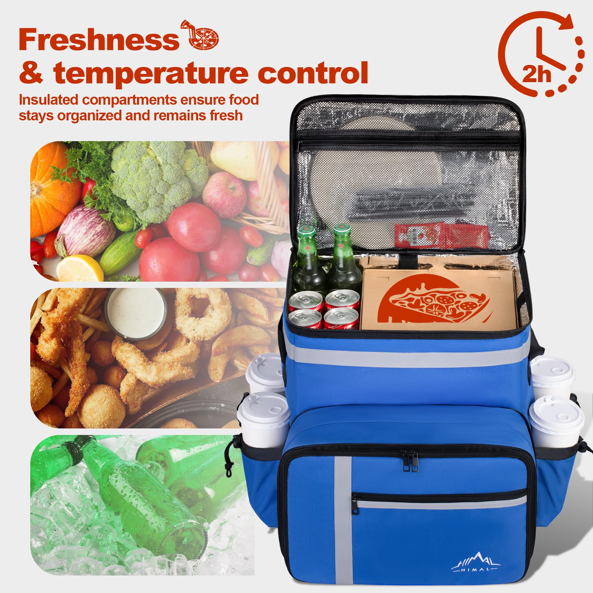 GoHimal Mochila de entrega de alimentos, bolsas de entrega de alimentos aisladas para bicicleta de entrega, bolsa grande de entrega de pizza para caliente/frío con 4 bolsillos reflectantes, perfecta