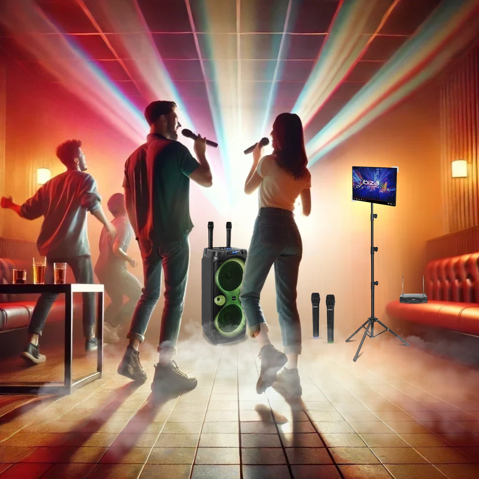 Ibiza - Pack Karaoke Enceinte USB Bluetooth Ibiza Columba-Karaoke 1000W - 4 micros sans Fil - Support Tablette SMM20 - Soirée DJ Sono