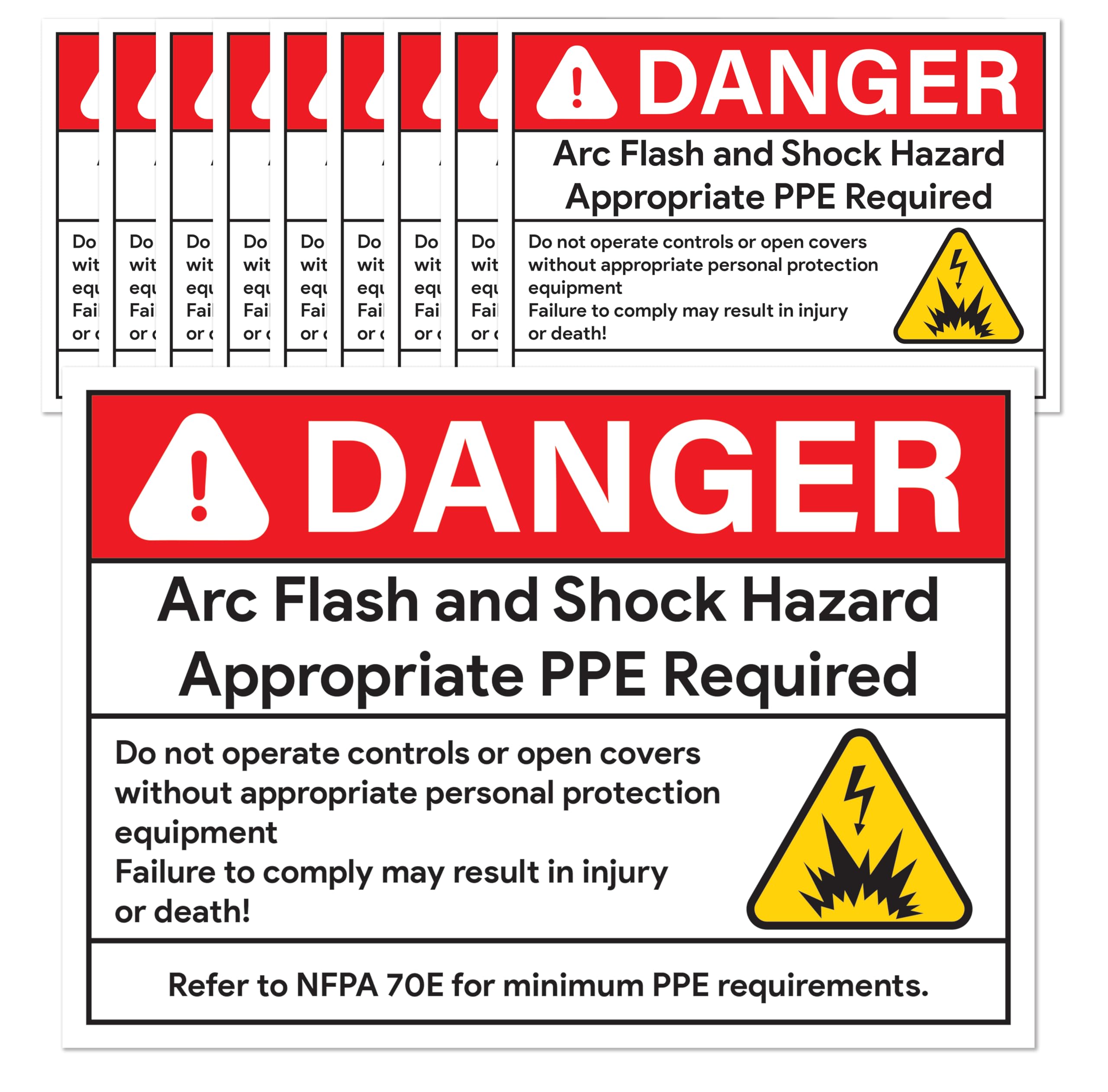 10pcs Arc Flash Danger Warning Stickers, 5" x 3.5" Self Adhesive