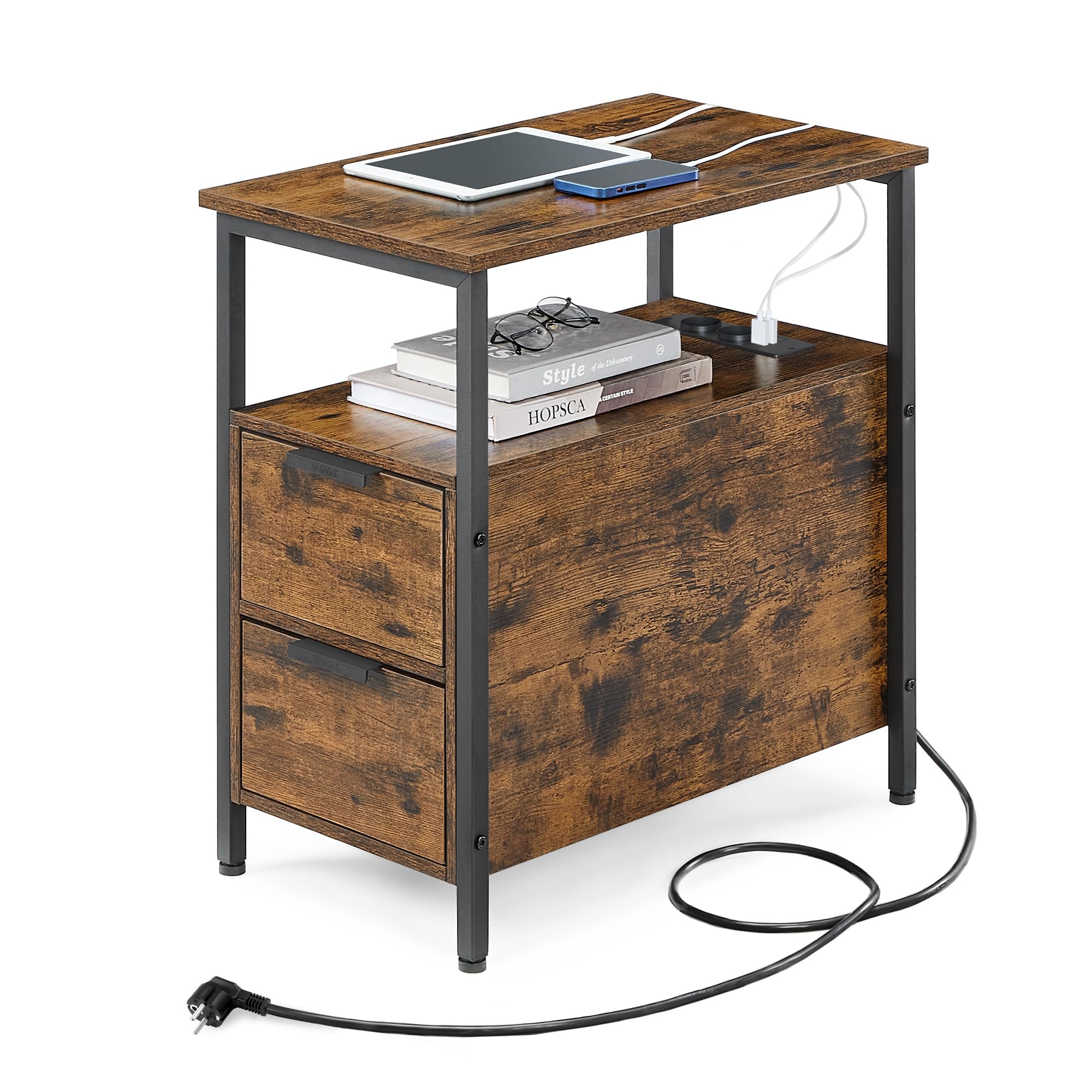 VASAGLE Beistelltisch, Nachttisch mit Steckdosenleiste, 2 Schubladen, Sofatisch, Nachtschrank für Wohnzimmer, Schlafzimmer, vintagebraun-tintenschwarz LET325B01