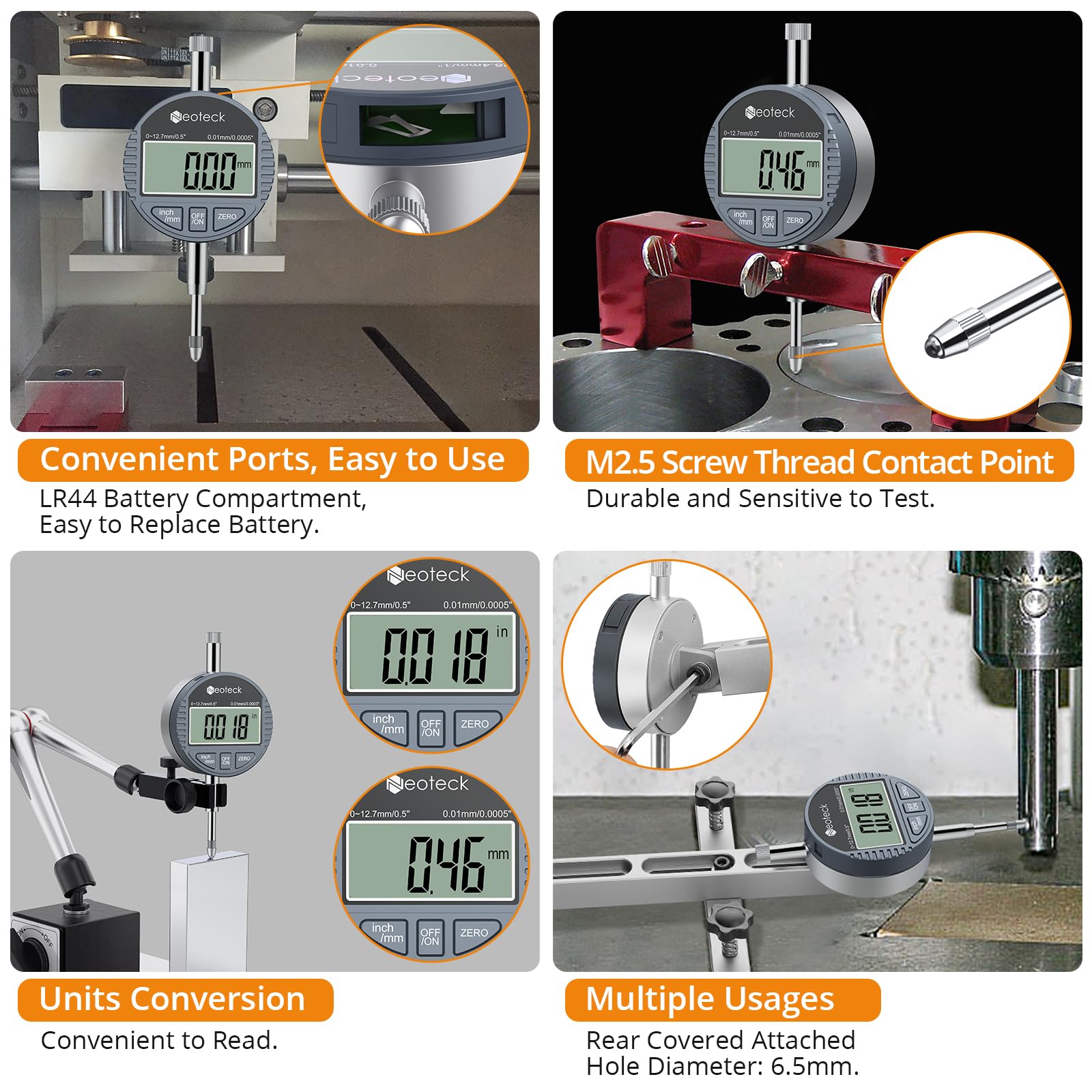 Neoteck DTI Indicateur numérique à cadran 0,01 mm/0,0005" Indicateur de sonde numérique Plage de test à cadran 0-12,7 mm Indicateurs de test électronique