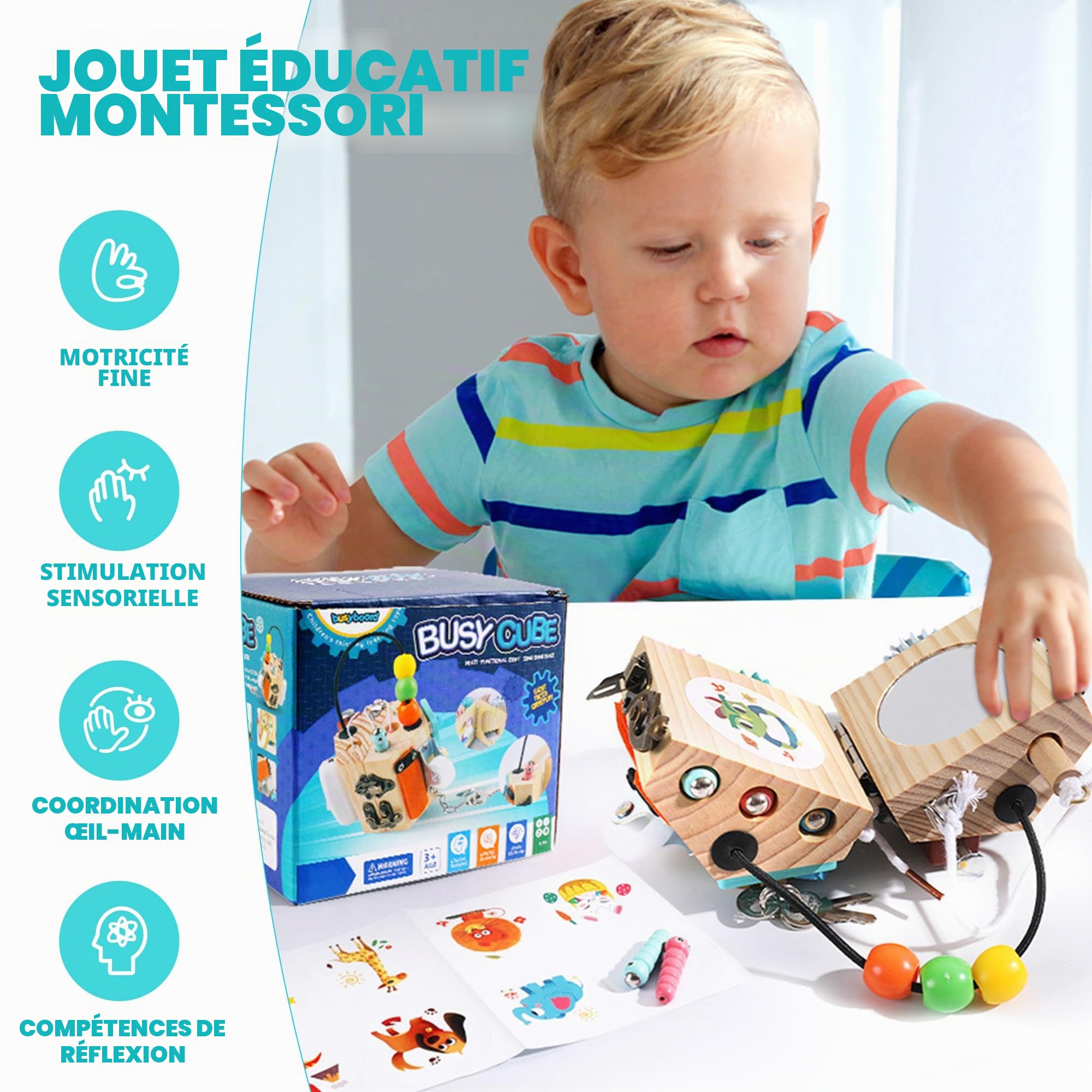 Busy Board Jouet Educatif pour Apprendre Motricité Fine,15 en 1 Busy Board Bois Cubique Activit Sensoriel pour Enfants,Jeux Portable pour Enfants Activités Montessori 3 4 Ans