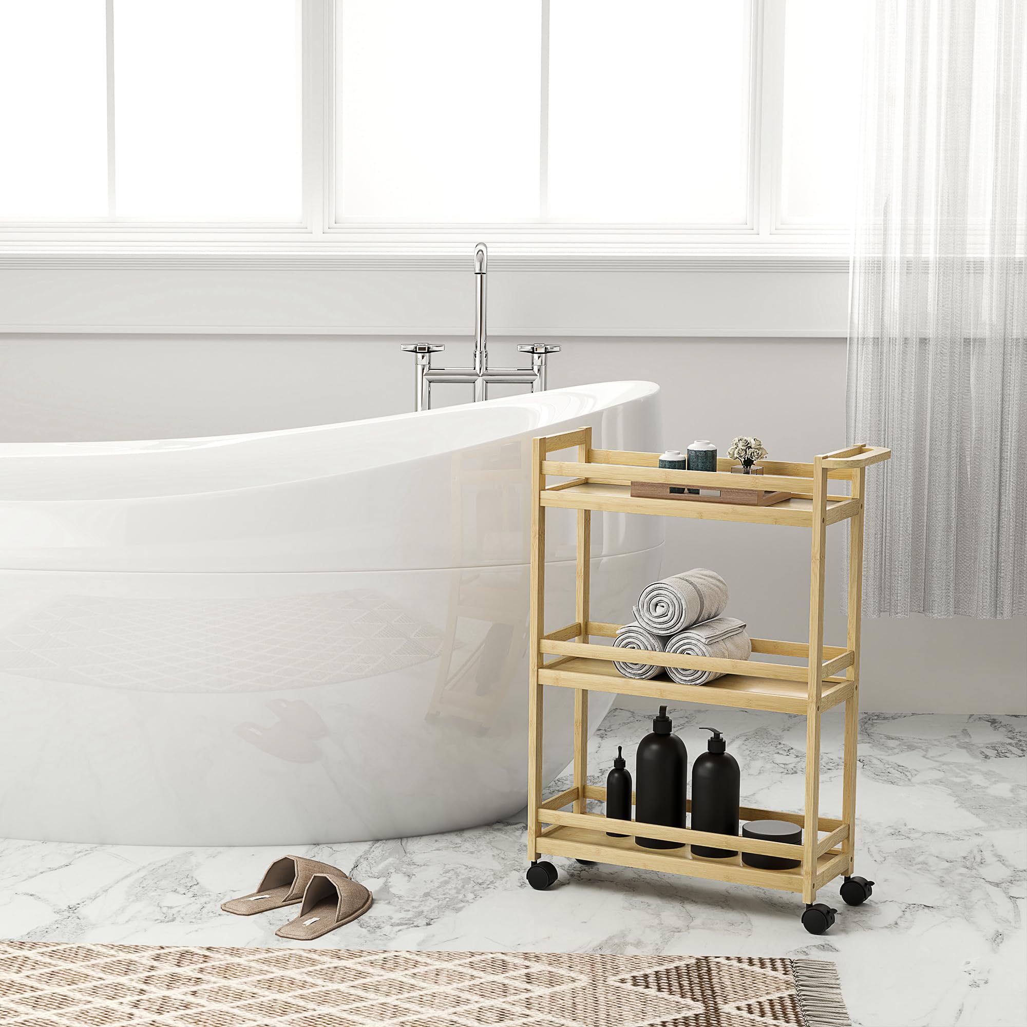 HOMCOM Étagère de Rangement de Salle de Bain en Bambou à 3 Niveaux, Chariot de Rangement, Meuble Salle de Bain avec roulettes pour Cuisine, Salle de Bain, Salon, dim. 55 x 20 x 75 cm - Naturel