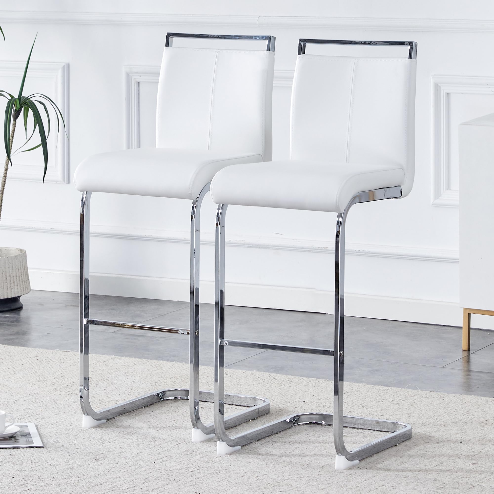 Sweiko Counter Height Bar Stool Set of 2 PU Leather Bar Chair with Back Kitchen Island Stools with Silver Leg for Dining Room Living Room Pub