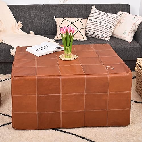 Miniatura 62 de Marrakesh Gallery Funda otomana de cuero - Puf cuadrado marroquí, sala de estar, dormitorio otomano Marrón,Beige Bronceado,Azul,Marrón (Dark