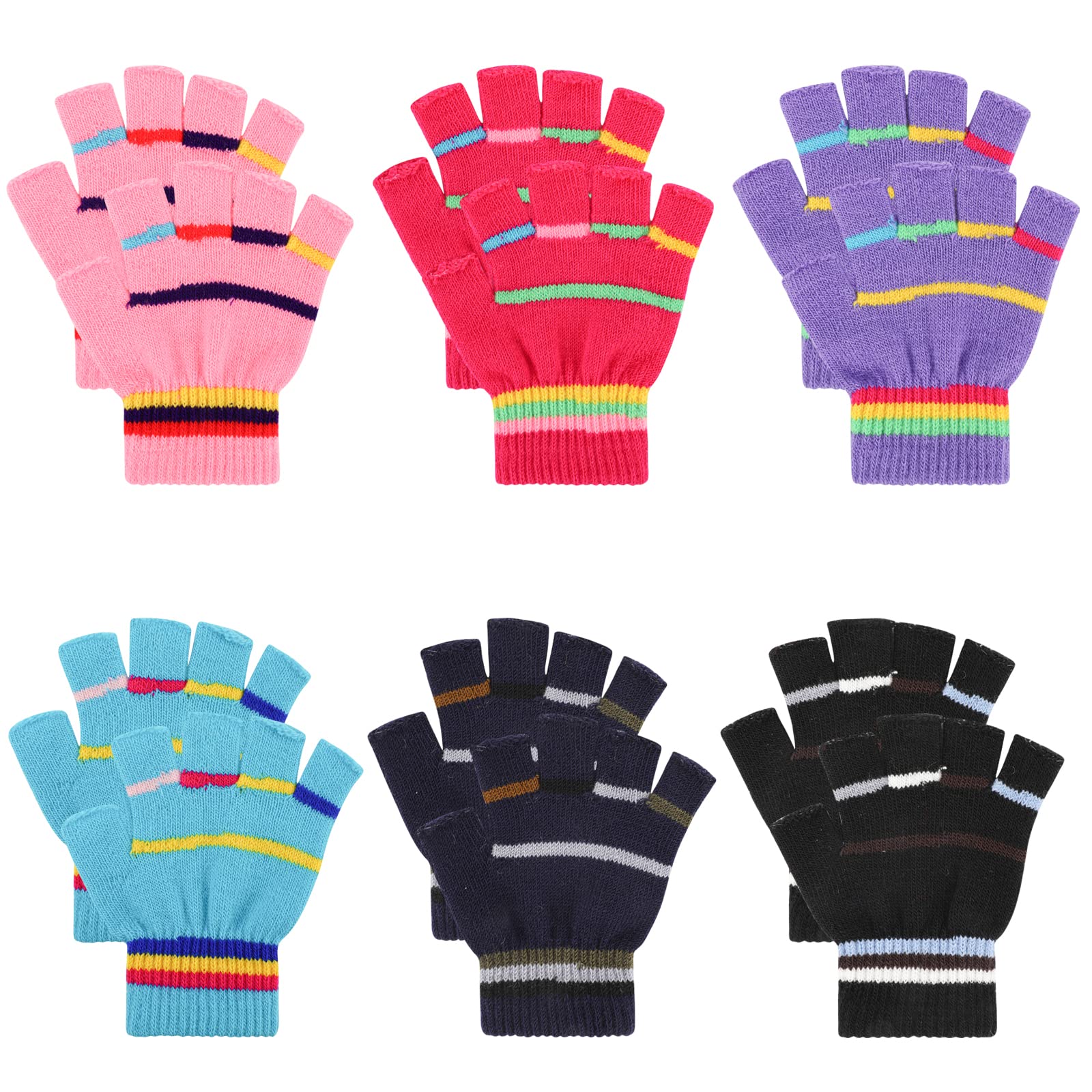 QKURT 6 Pares Niños Guantes sin Dedos, Guantes de Medio Dedo para niños Guante mágico elástico Guantes de Punto cálido Guantes térmicos de Invierno para niños niñas de 6 a 12 años