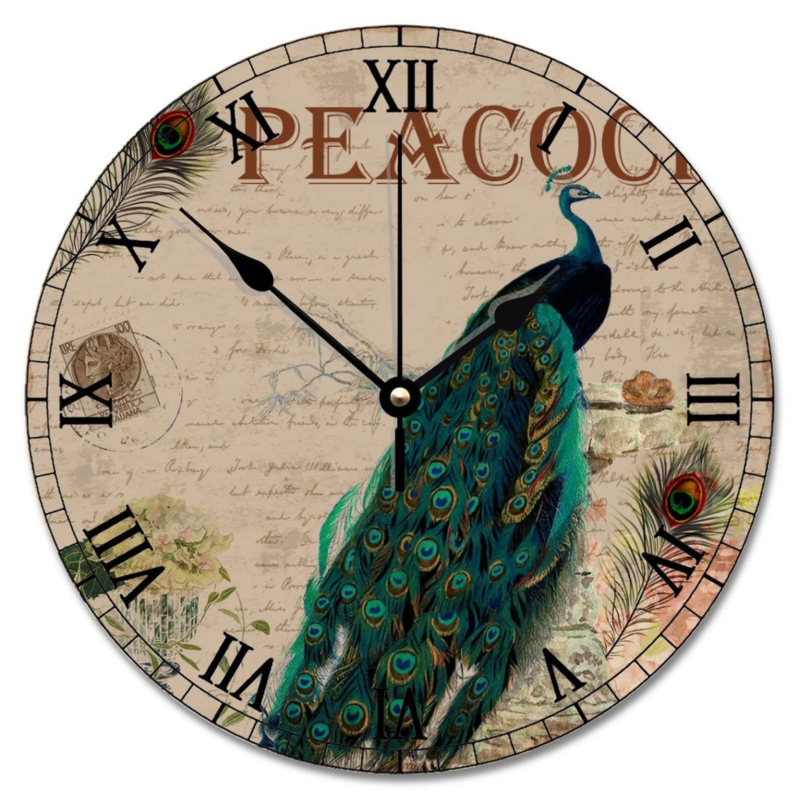 Horloge murale paon bleu vintage 30cm pour salon