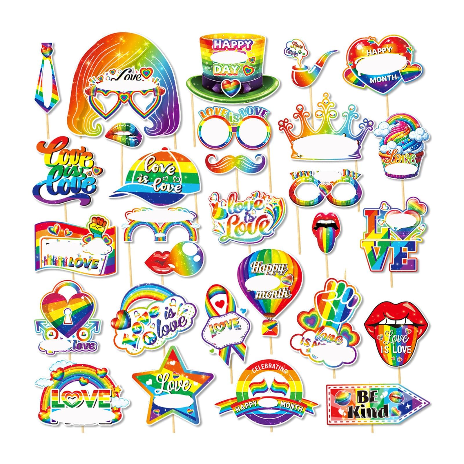 30 PCS Pride Decorations Rainbow Photo Booth Props,Gay Event Decoration Parade Costume Parade Rainbow Party Celebrates Photography Props Gay Friends Workmate Bestie Women Men Costume Decor
