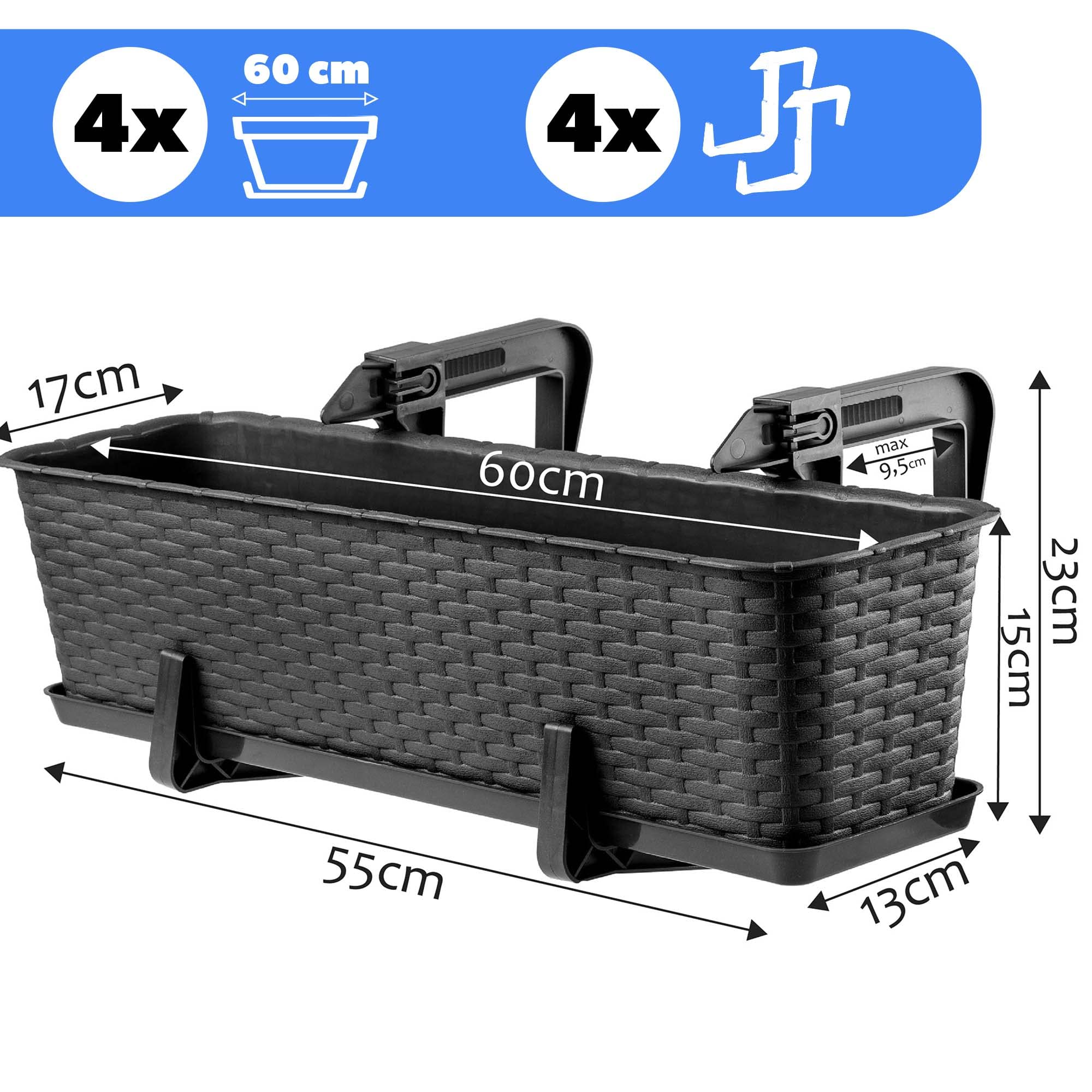 KADAX Macetas de Plástico Imitación Ratán, Maceteros Rectangulares con Platillos y Soportes para Exterior, Jardineras Colgantes (4: Antracita, 60 cm, Aprox. 48L)