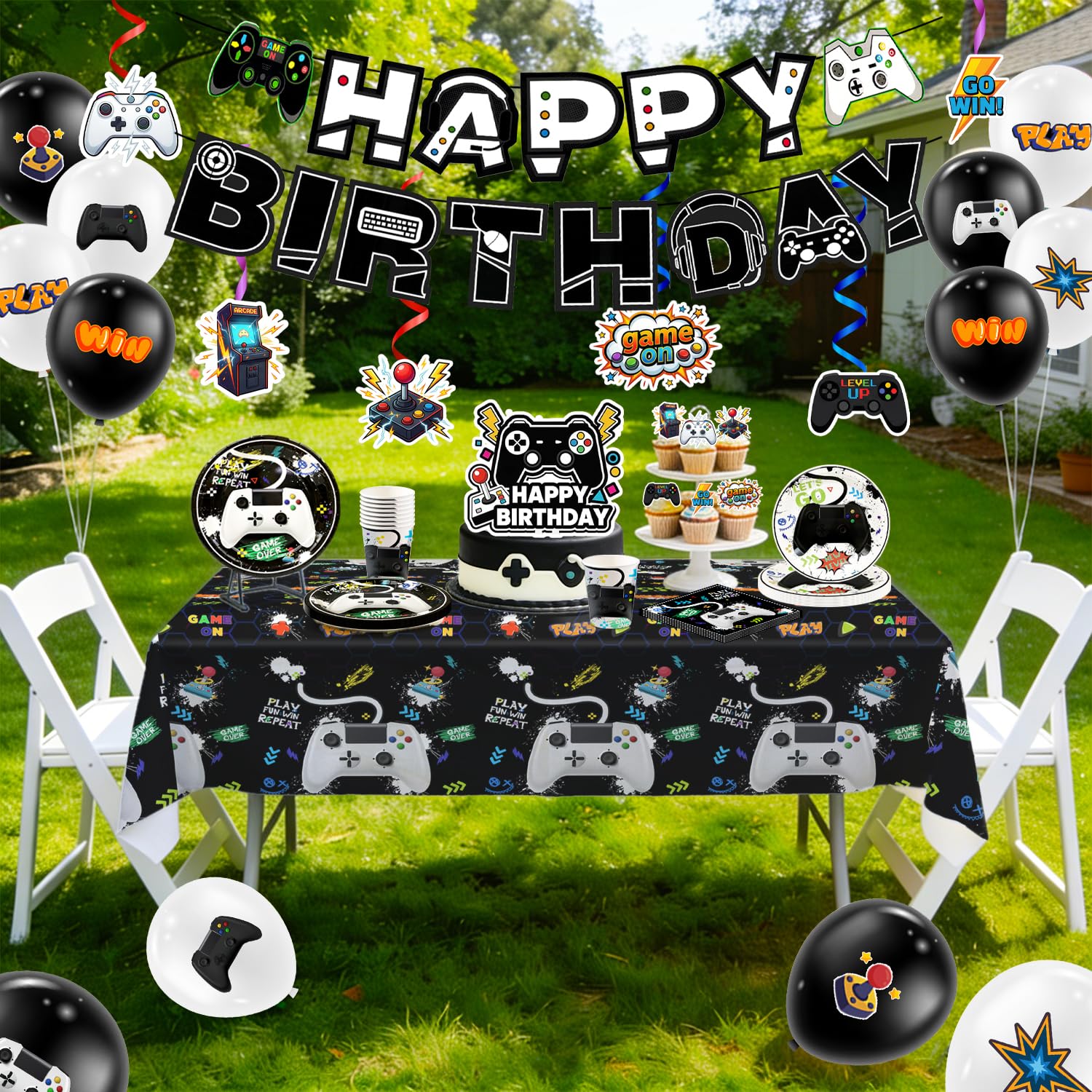 Forniture per Feste per Videogiochi,111 Pezzi Videogiochi Set di Decorazioni Stoviglie Piatti Compleanno Tovaglioli Tovaglia Palloncini Banner etc Decorazione Festa a Tema di Videogiochi