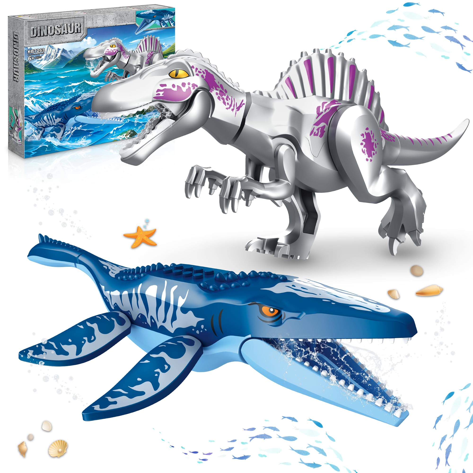 Dual Dinosaur Building Sets - Mosasaurus & Spinosaurus Toys for Kids 6-12