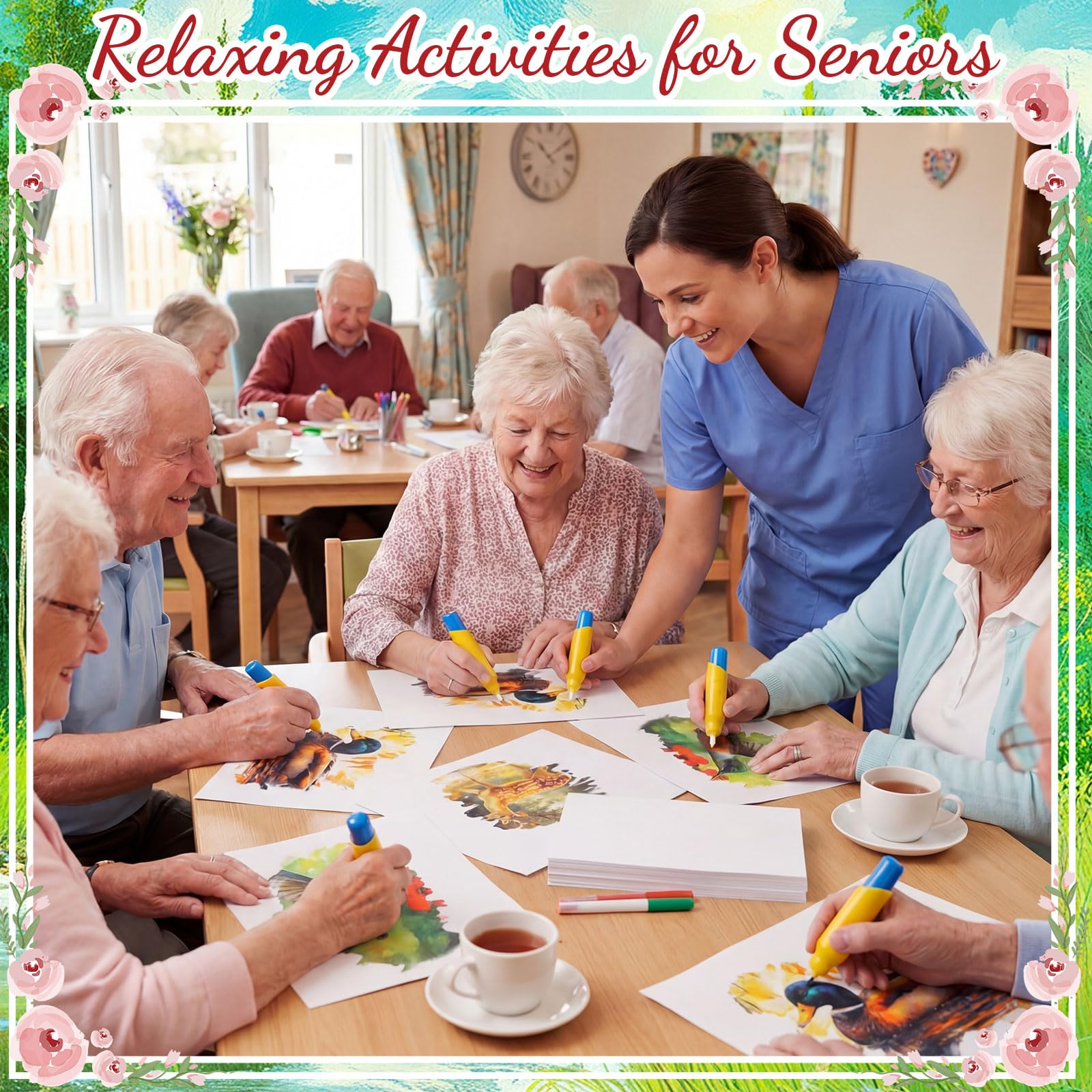 24 piezas de productos para la demencia para personas mayores con Alzheimer, actividades para adultos mayores, juguetes reutilizables de pintura al agua con 1 pincel de pintura, garabatos de