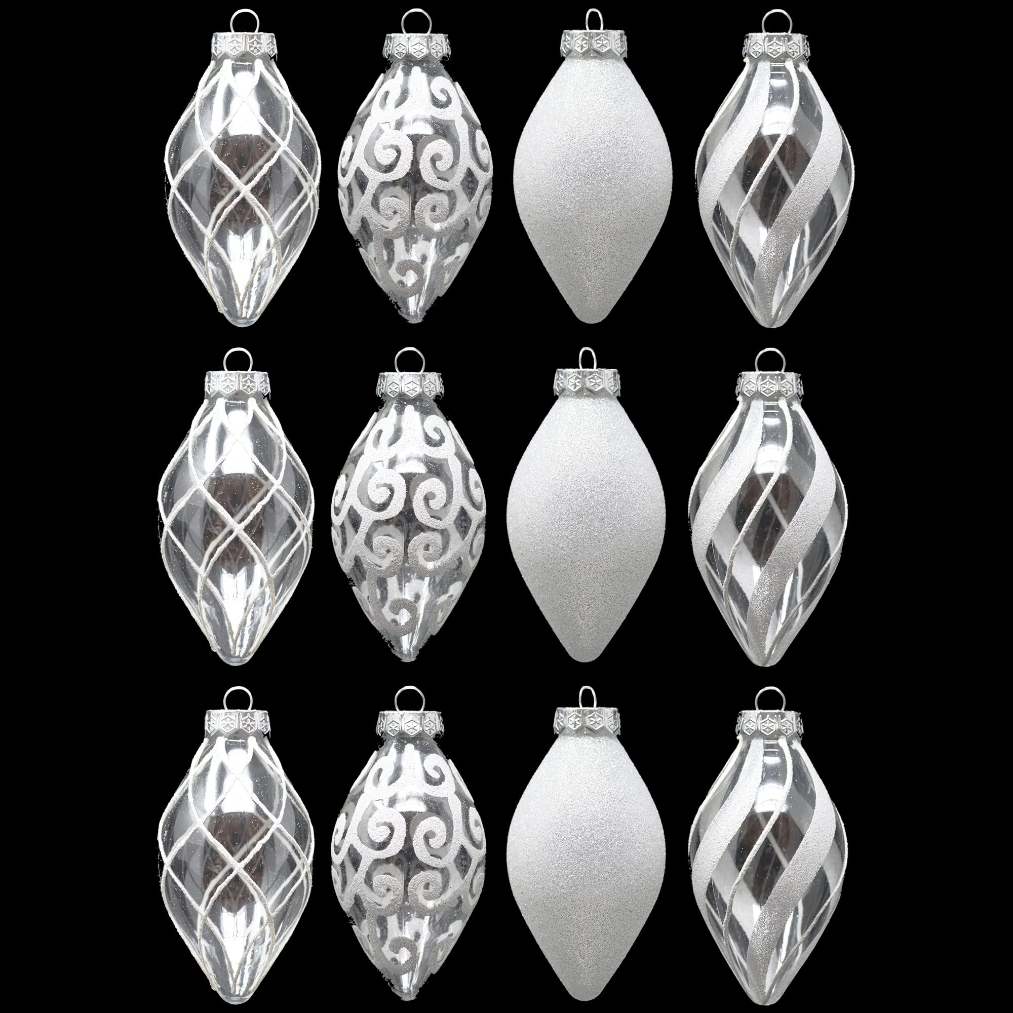 SLEETLY 12pk Christmas Tear Drop Finial Hanging Pendant Ornaments for Tree Holiday Xmas Decorations, Long 4 inch Big Shatterpoof Plastic, White