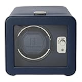 Wolf Heritage Single Winder with Glass Cover, Navy - Secure Fit with Patented Lock-in Dynamic Cuff - for Bigger, Heavier Watches - Vegan Leather - Includes Universal Adapter