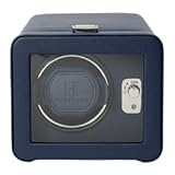 Wolf Heritage Single Winder with Glass Cover&comma; Navy - Secure Fit with Patented Lock-in Dynamic Cuff - for Bigger&comma; Heavier Watches - Vegan Leather - Includes Universal Adapter