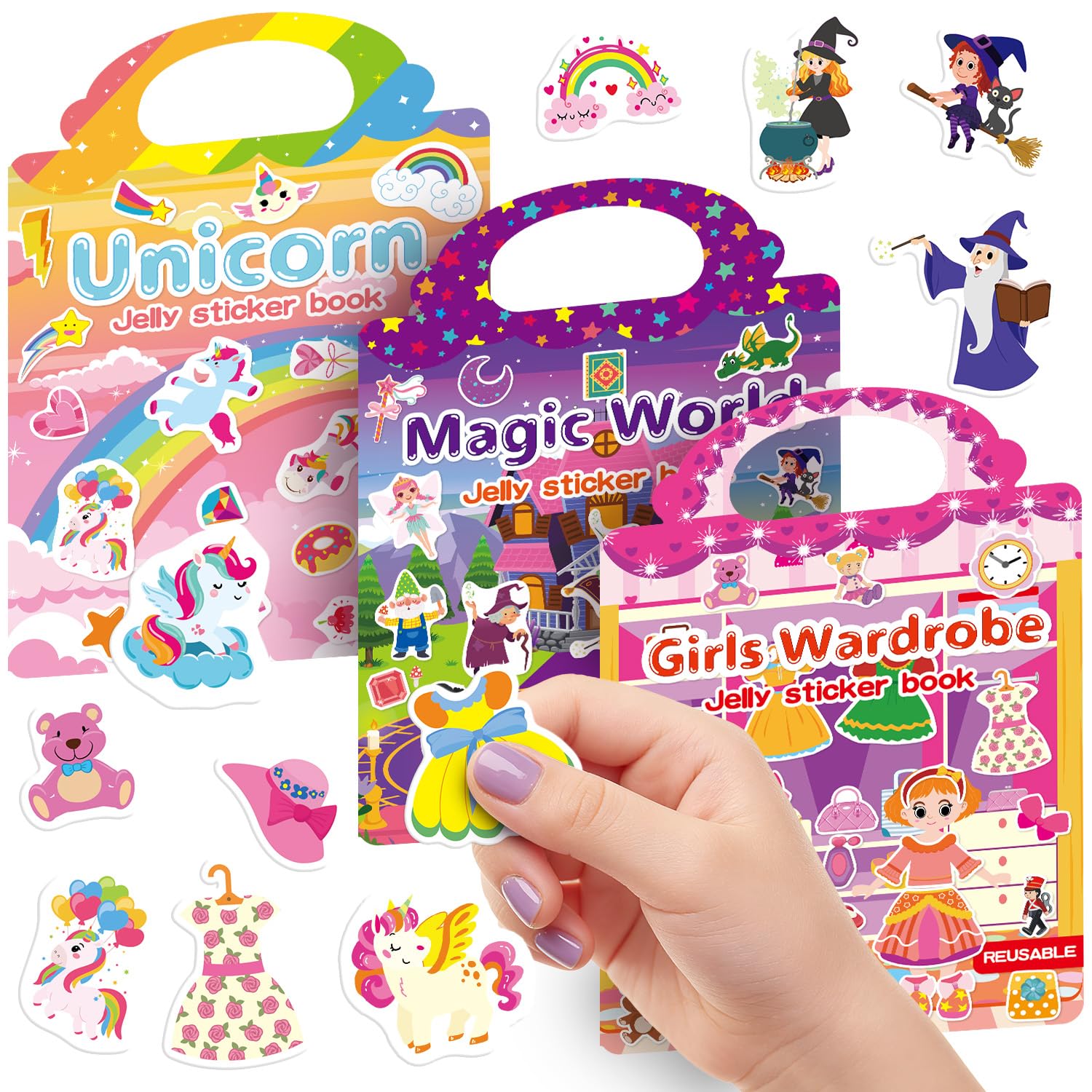 CREATIVETREES 3 Sets Reusable Sticker Book for Toddlers 3-6, Jelly Sticker Books for Toddler, Travel Sticker Activity Toys for Kids 3 4 5 6 Years Old Girls (Unicorn+Magic+Wardrobe)