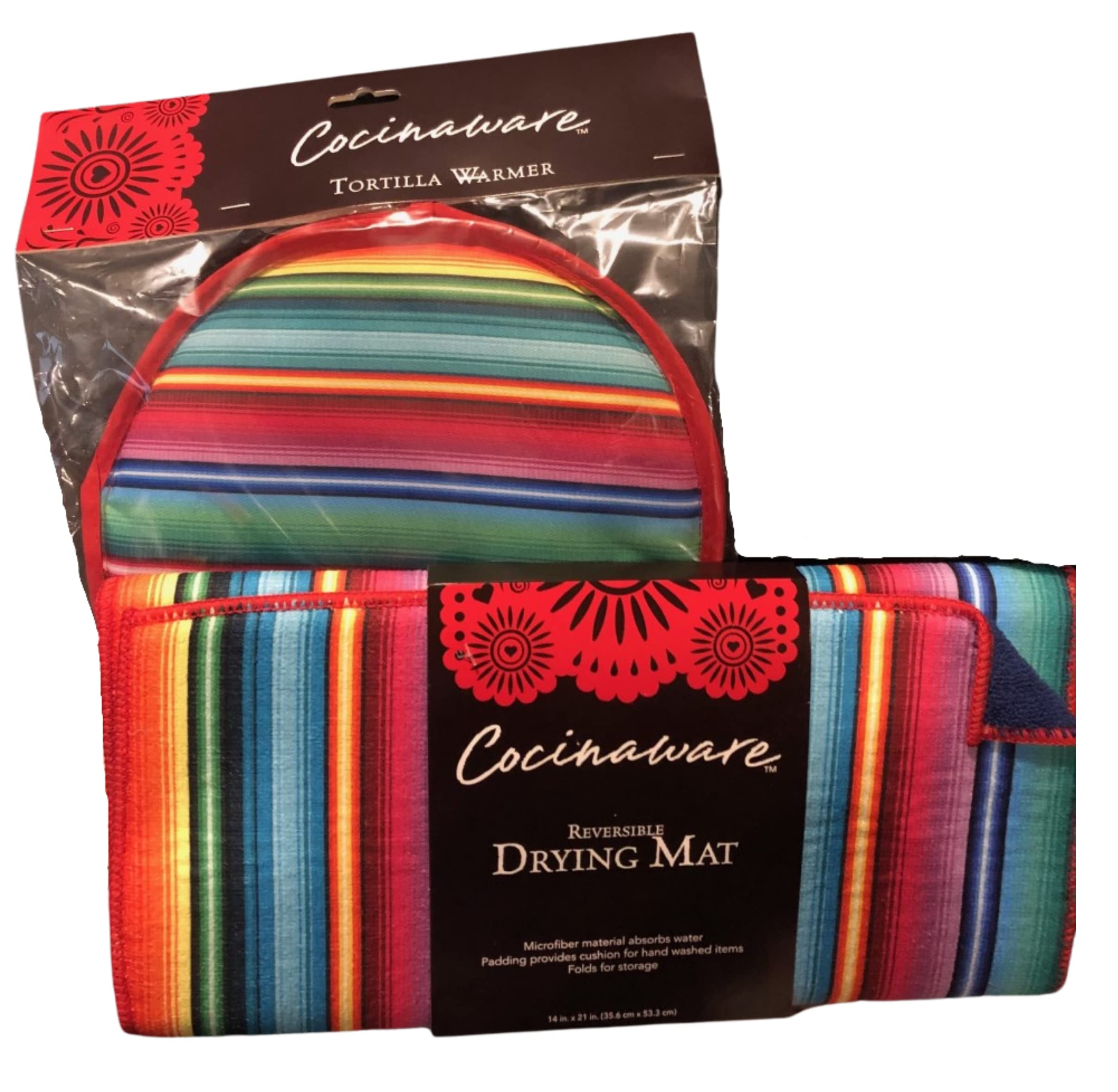 Cocinaware Matching Microwavable Tortilla Warmer and Microfiber Reversible Drying Mat Gift Set (Multicolor)