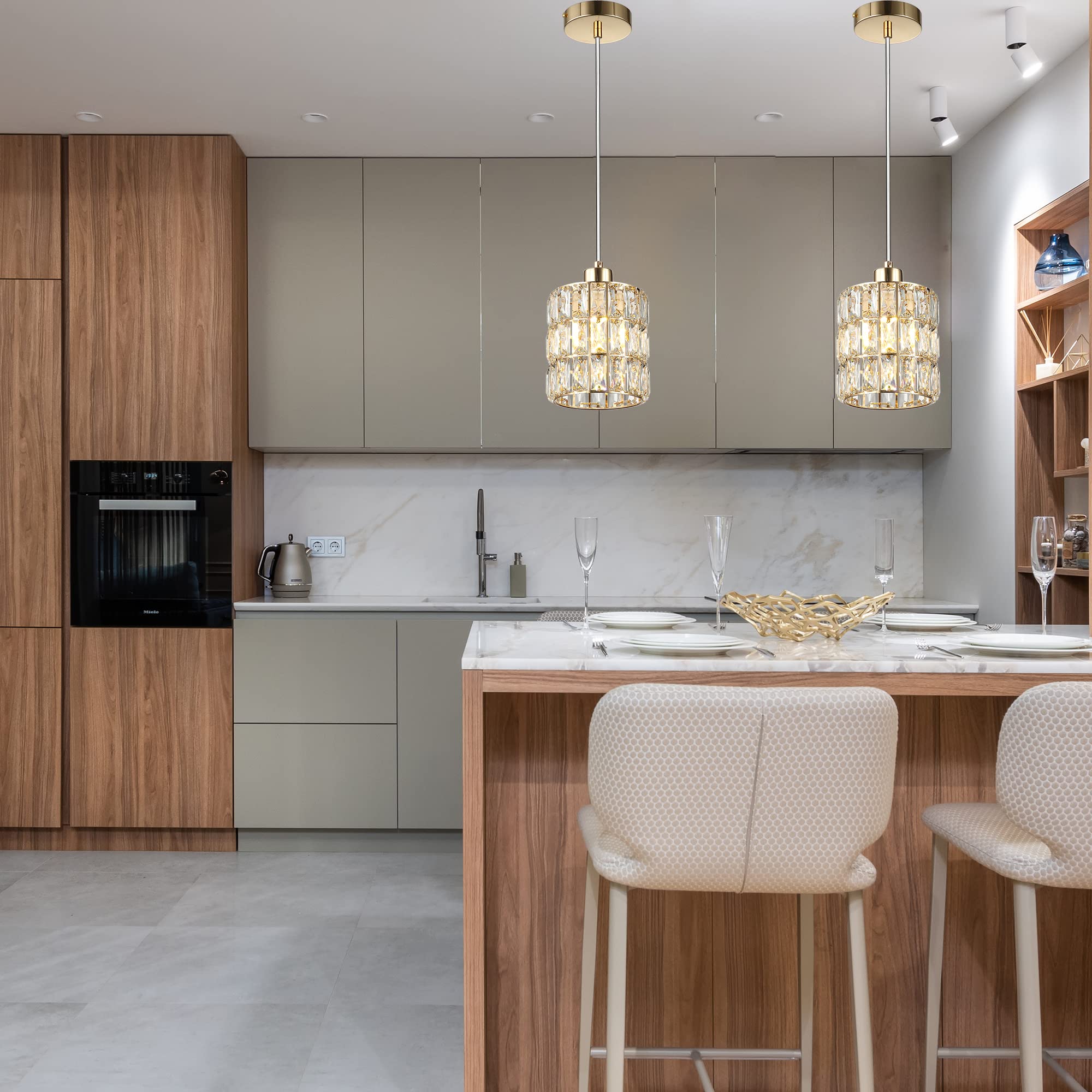 Popity home Gold Crystal Pendant Light,2 Pack Pendant Lighting for Kitchen Island Hanging Lamp, Mini Chandelier for Foyer Hallway Dining Room